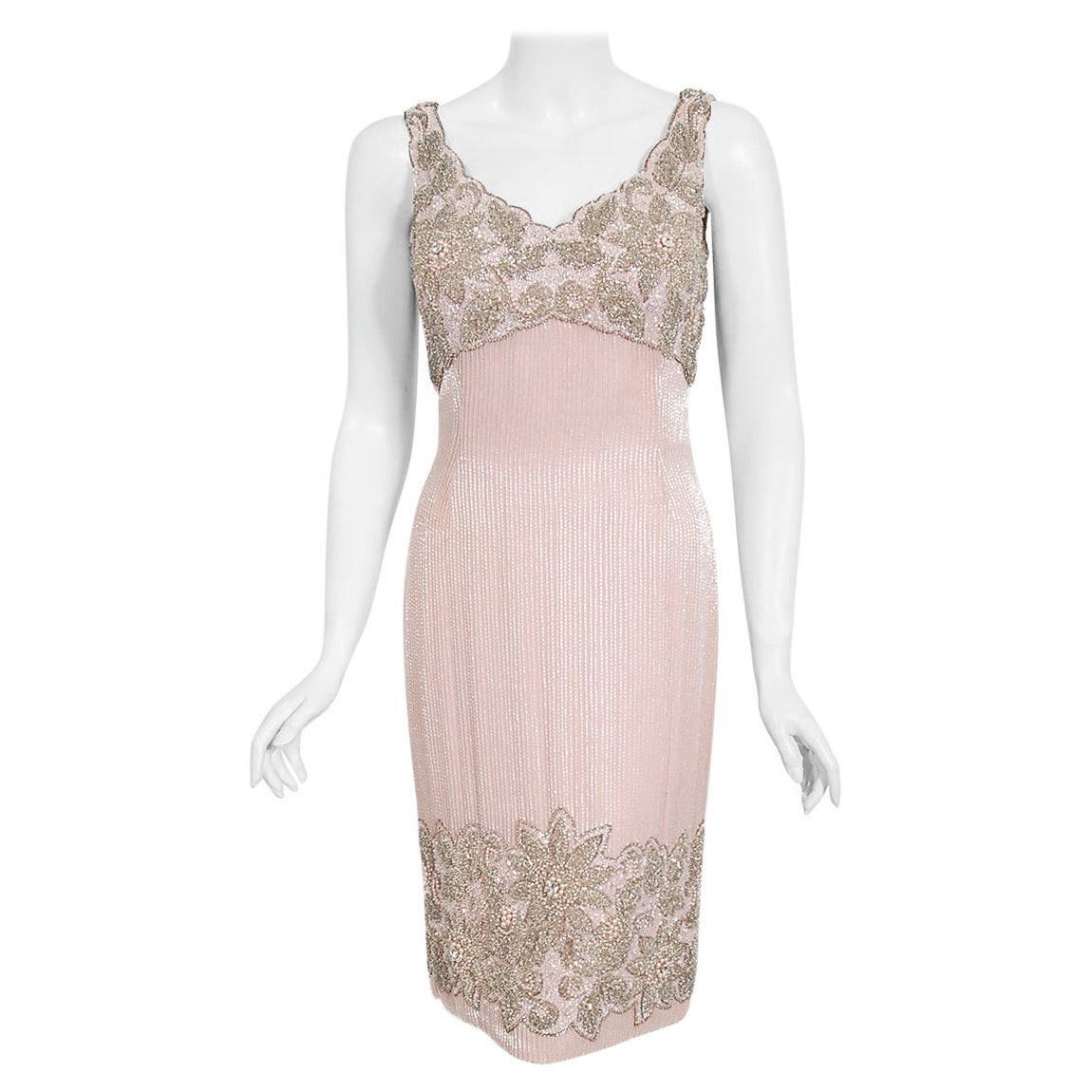 1960's Helen Rose Couture Perlenbesetztes Sanduhr-Cocktailkleid aus rosa Seide im Angebot