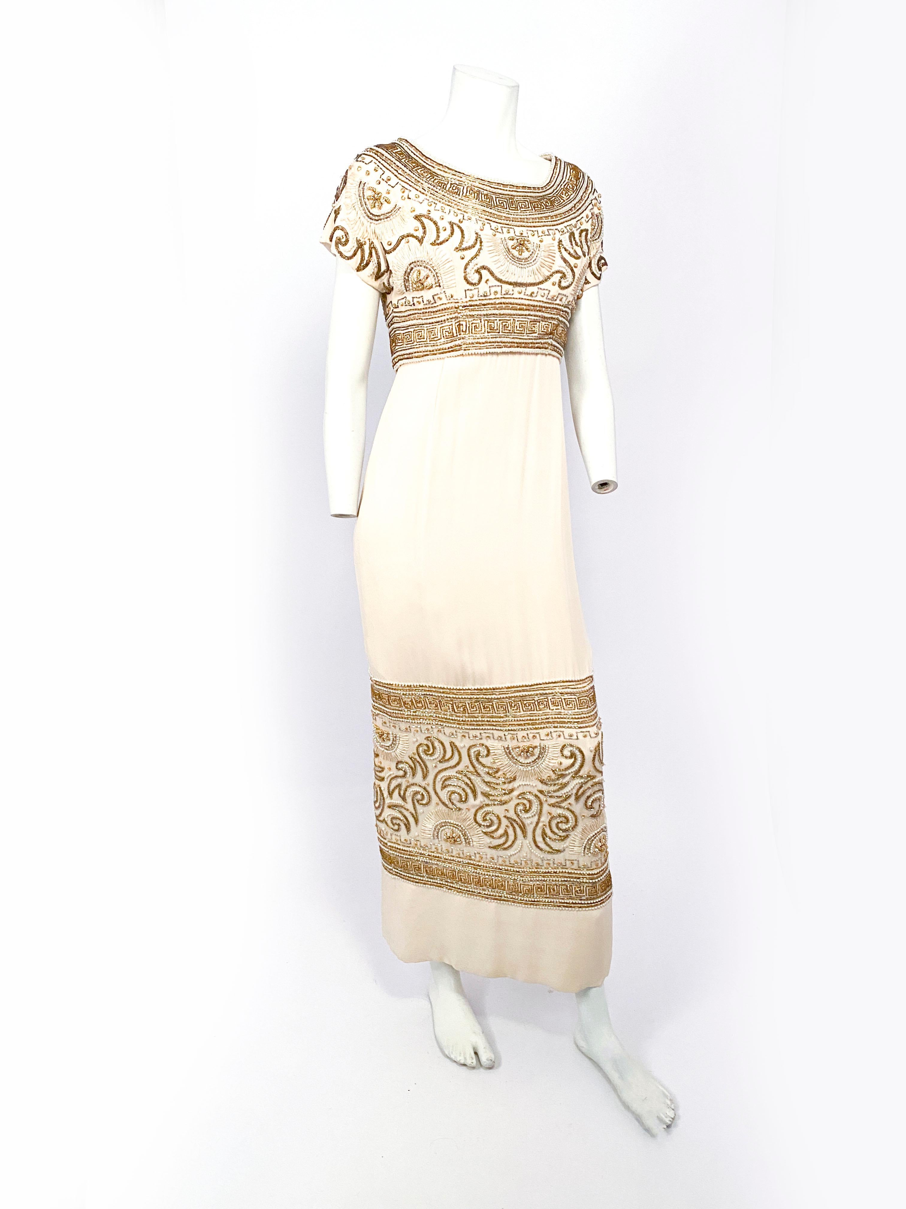 1960s Helen Rose Egyptian Cream Beaded Evening Gown In Good Condition For Sale In San Francisco, CA