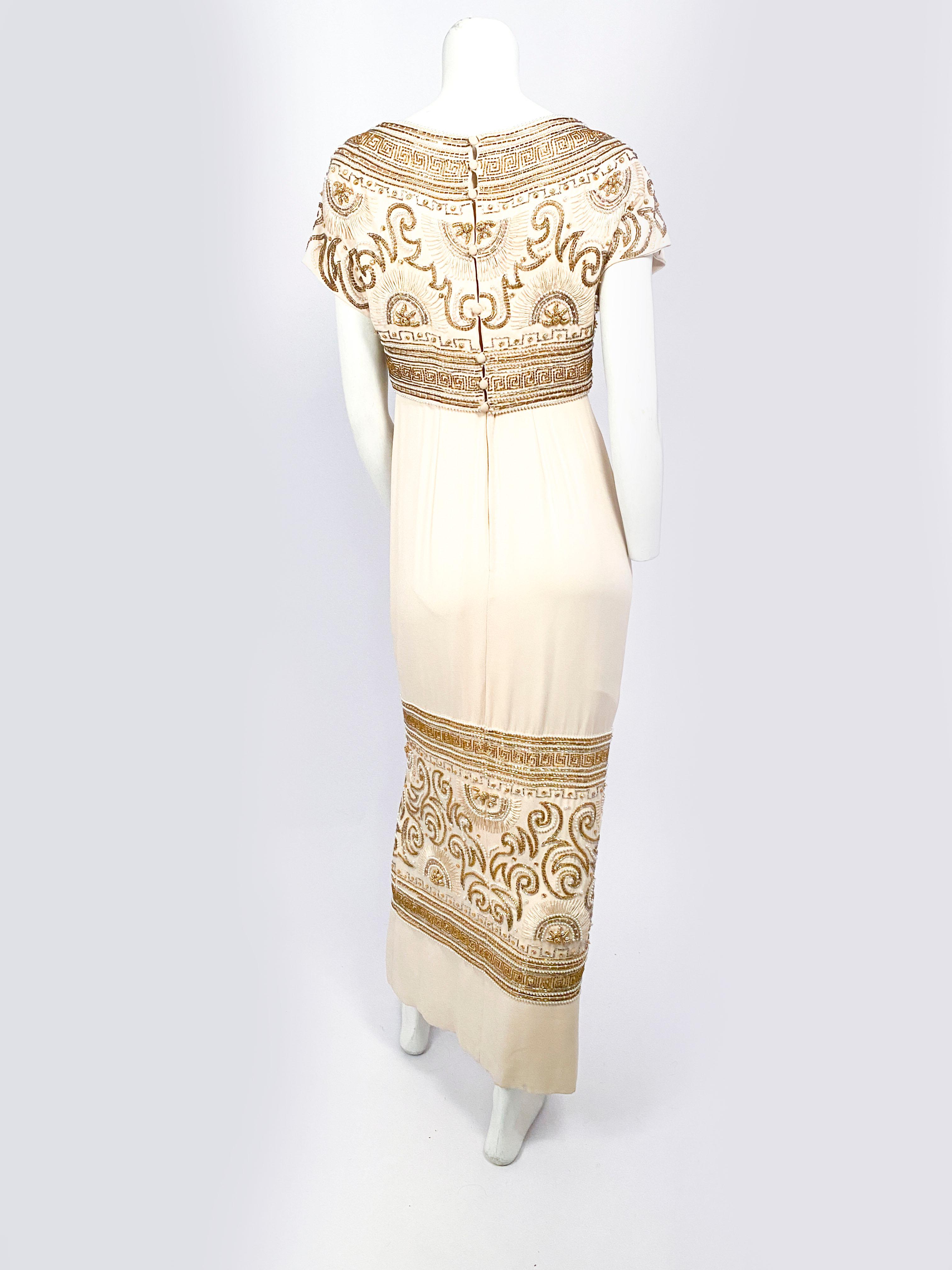 1960s Helen Rose Egyptian Cream Beaded Evening Gown For Sale 1