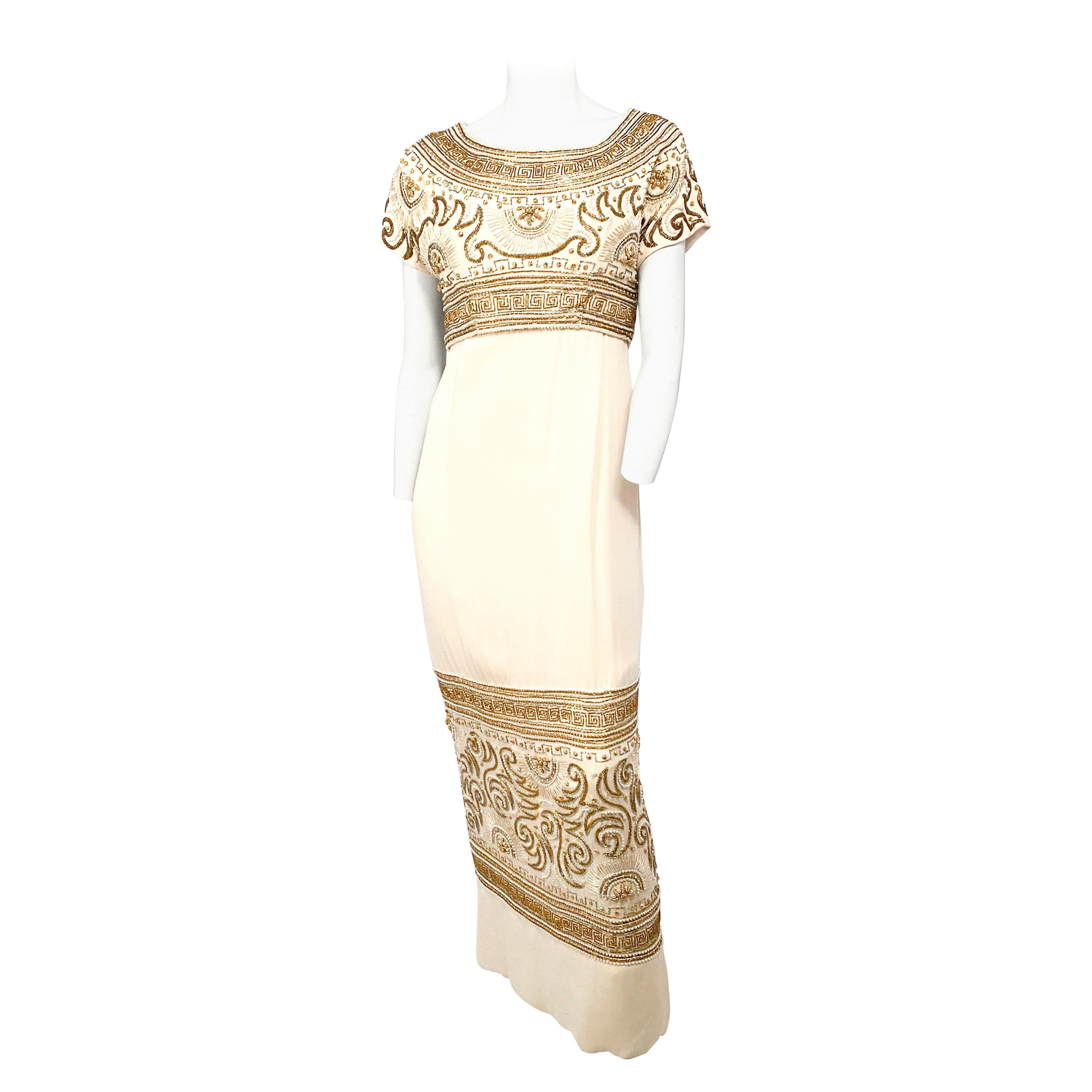 1960s Helen Rose Egyptian Cream Beaded Evening Gown For Sale