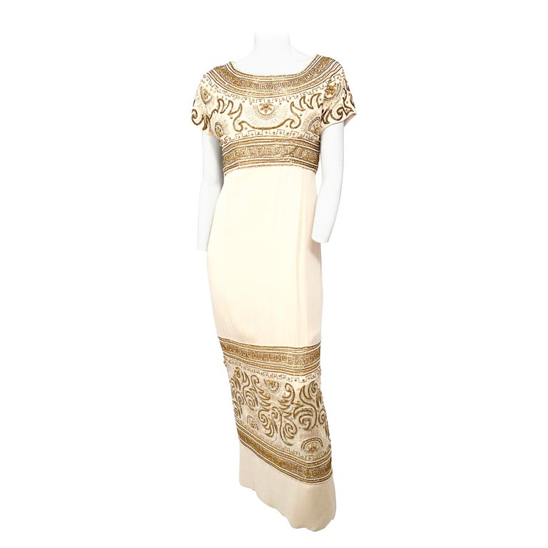 1960s Helen Rose Egyptian Cream Beaded Evening Gown For Sale at 1stDibs