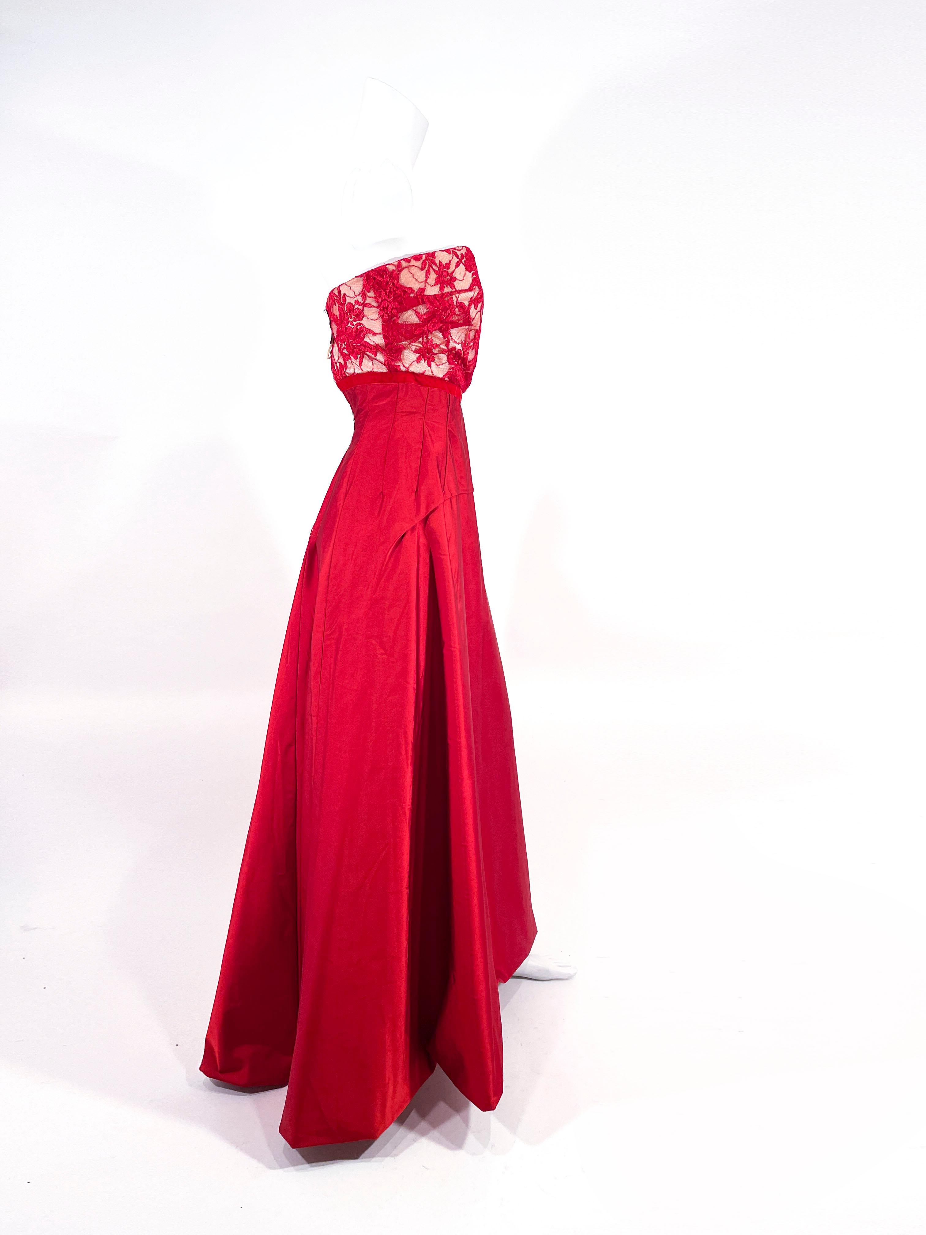 1960s Helena Barbieri Red Satin and Lace Evening Gown In Good Condition For Sale In San Francisco, CA