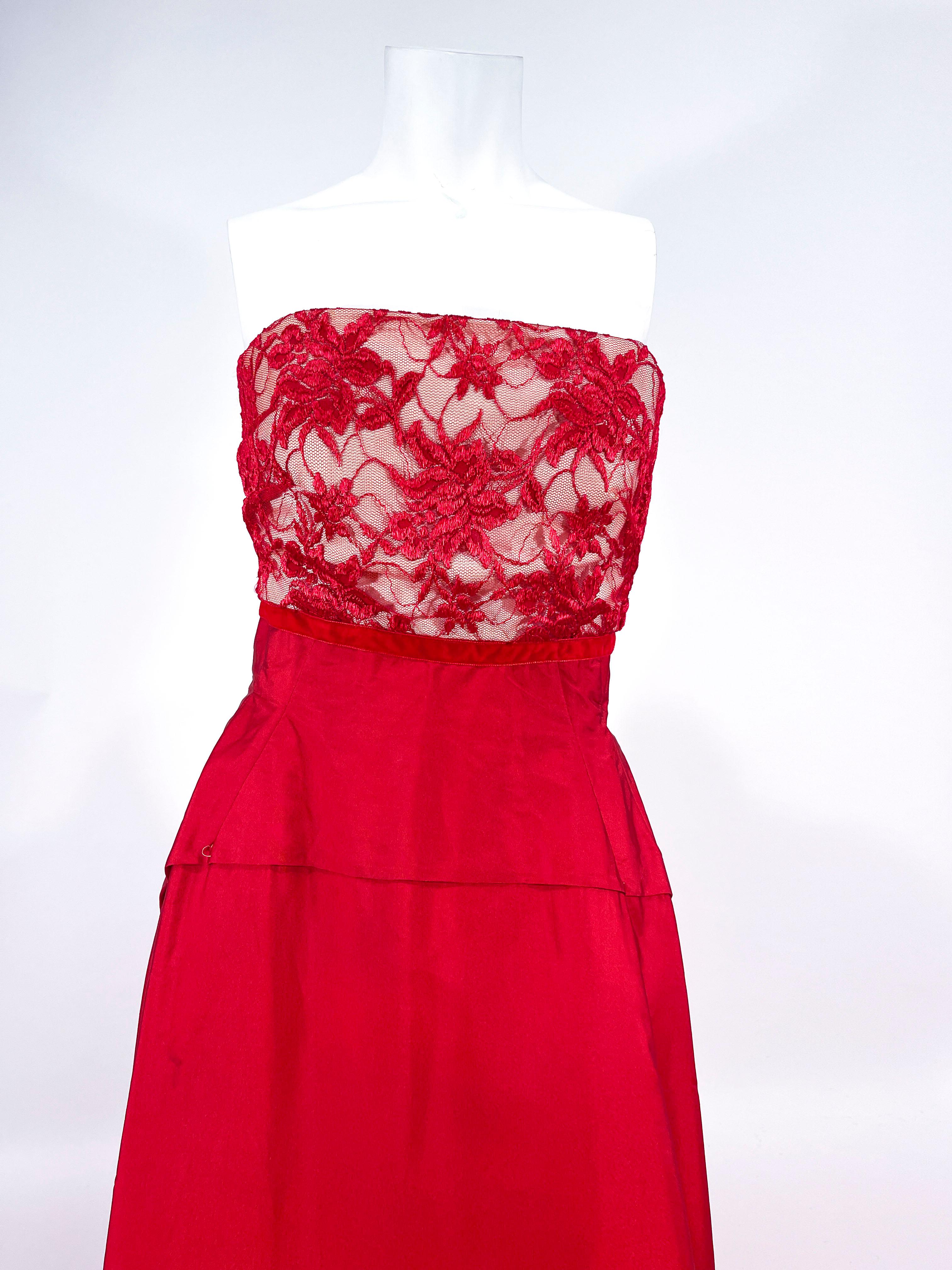 Women's 1960s Helena Barbieri Red Satin and Lace Evening Gown For Sale
