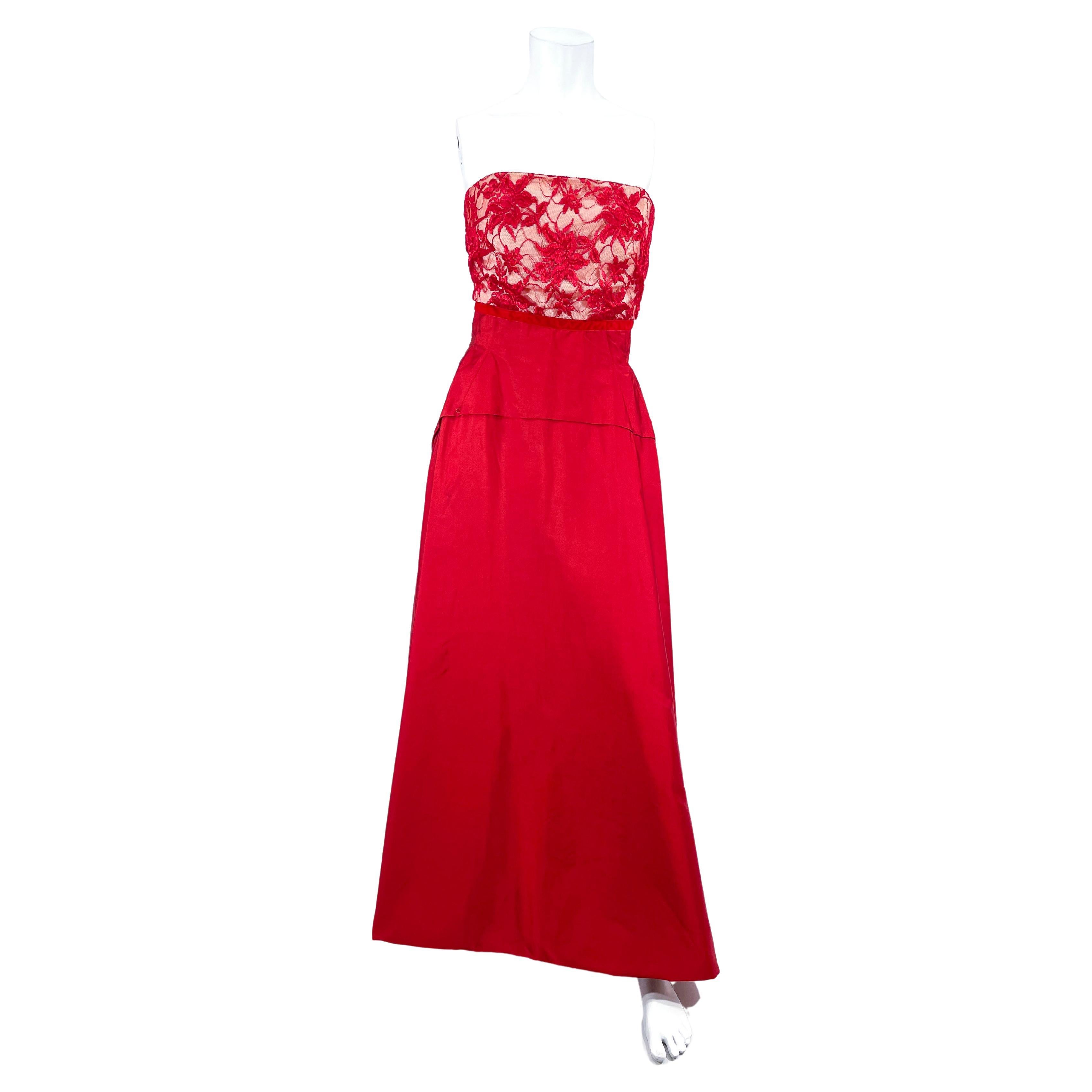 1960s Helena Barbieri Red Satin and Lace Evening Gown