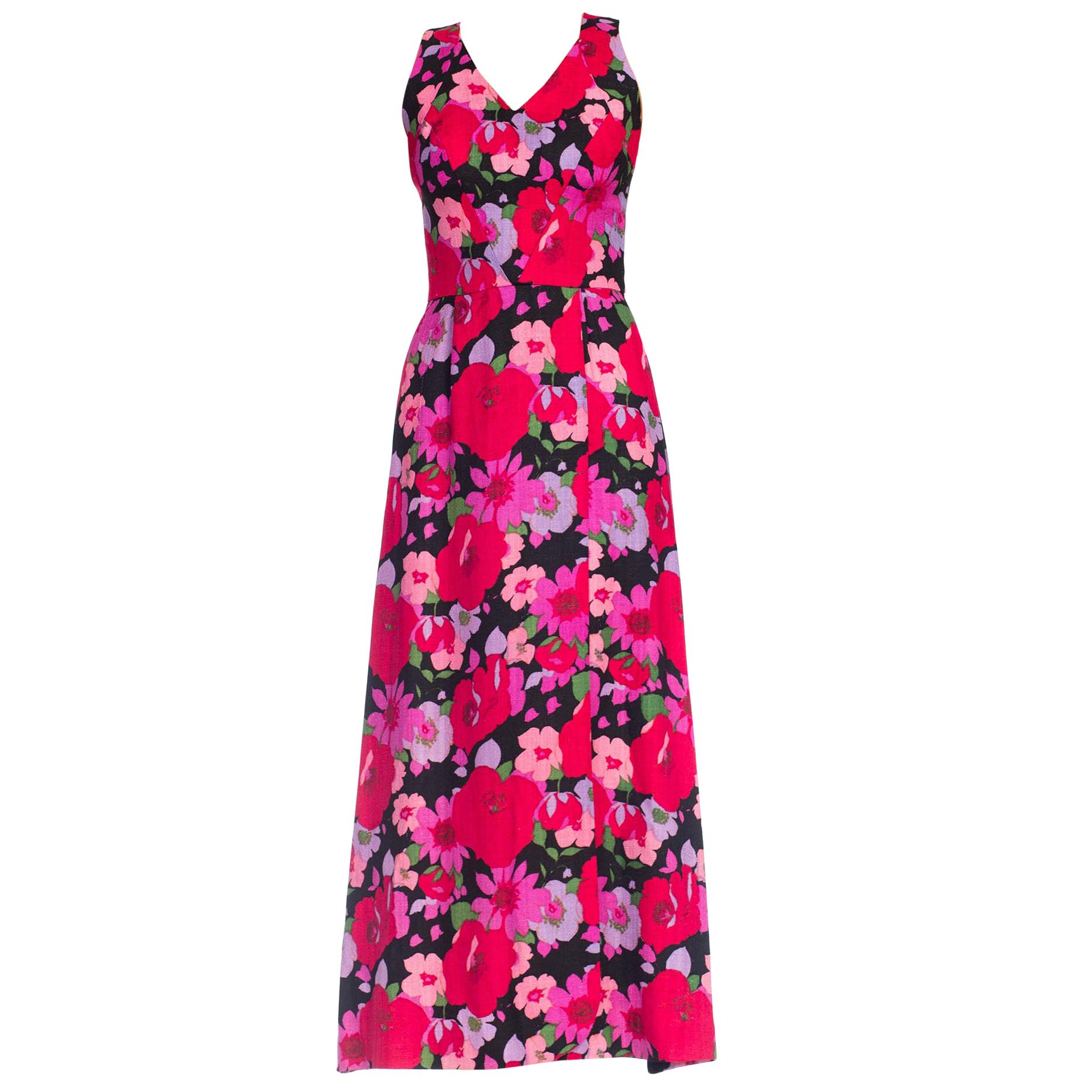 1960S HELENE OF FRANCE Black & Pink Linen Large Floral Maxi Dress With Boning C For Sale