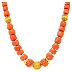 1960's Henry Dunay Vintage Coral 18 Karat Yellow Gold Beaded Vintage Necklace