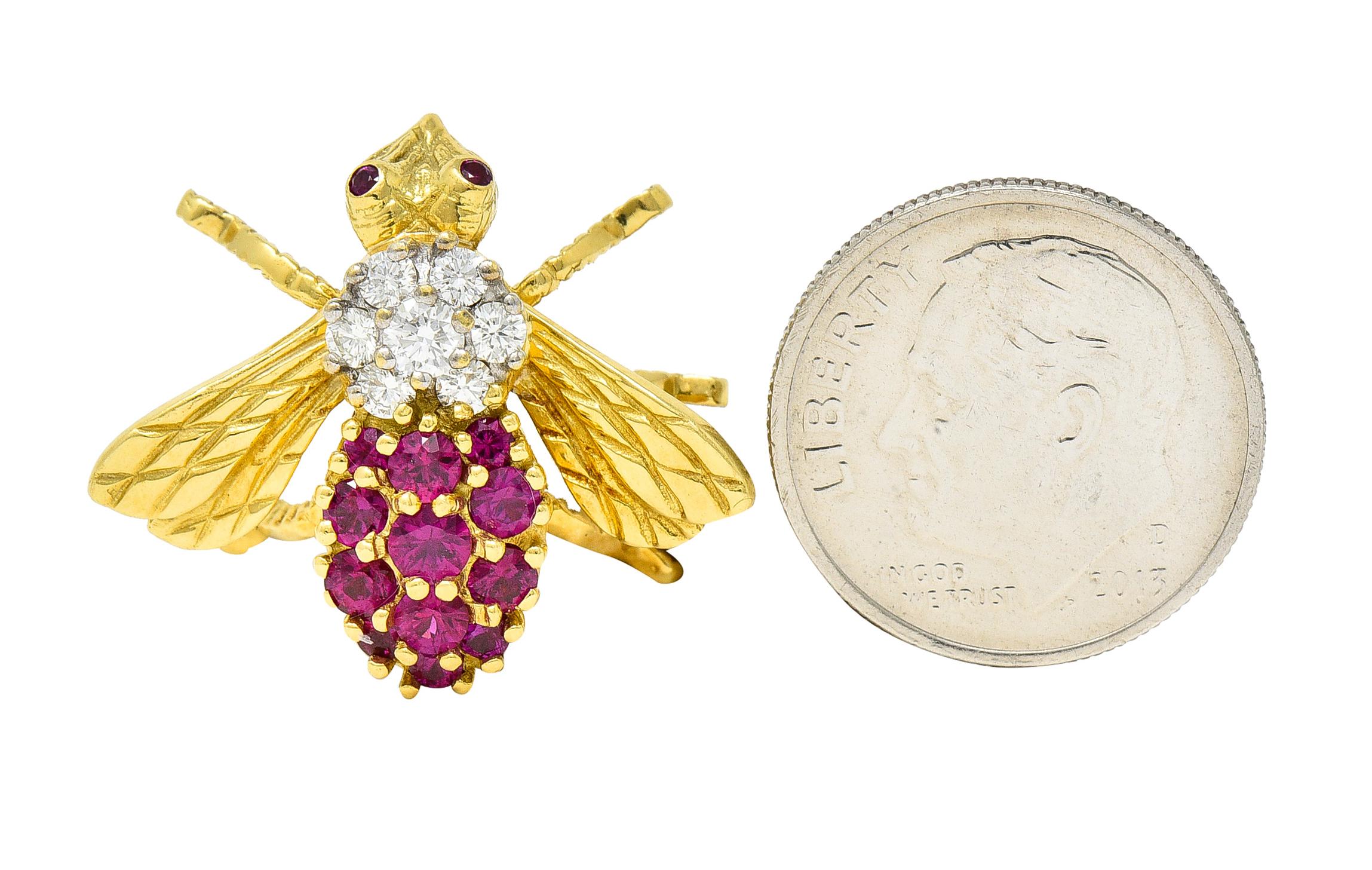 1960's Herbert Rosenthal 1.00 Carat Ruby Diamond 18 Karat Yellow Gold Bug Brooch 5