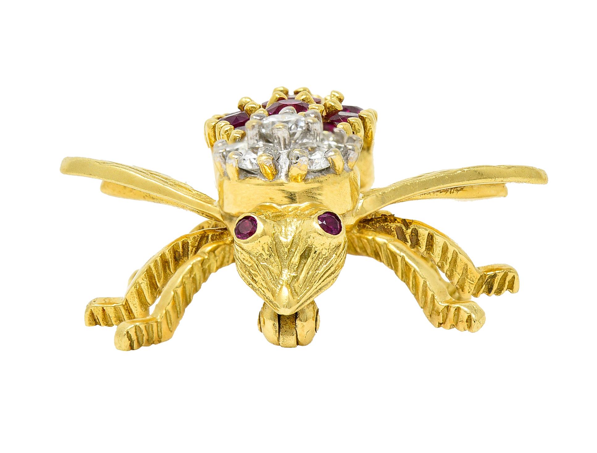 1960's Herbert Rosenthal 1.00 Carat Ruby Diamond 18 Karat Yellow Gold Bug Brooch 1