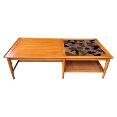Retro 1960s Heritage Perennian Walnut Coffee Table, Ceramic Tile, Cane Shelf