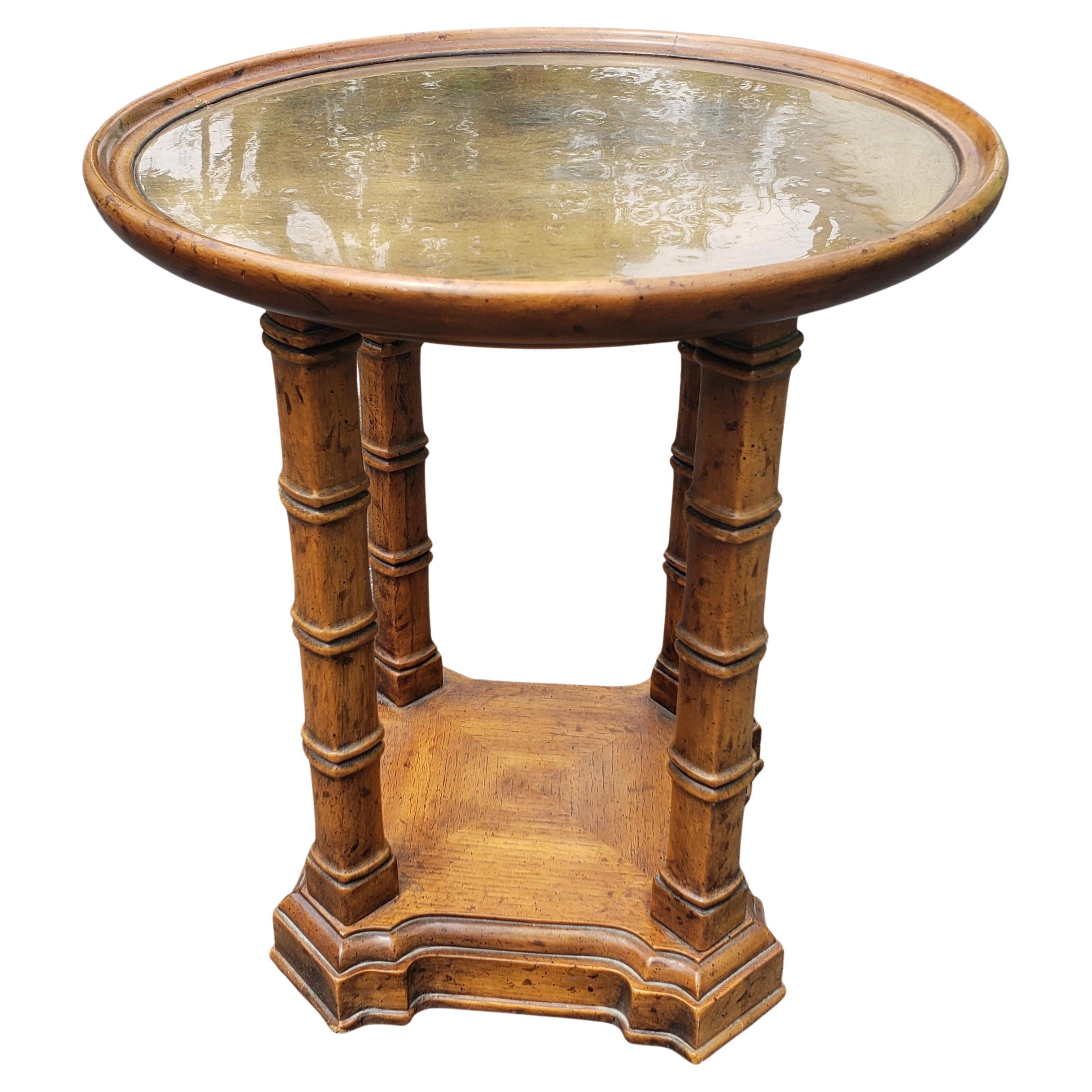 1960s Heritage Walnut Faux Bamboo and Brass Finish Top Lamp Table Candle Stand In Good Condition In Germantown, MD
