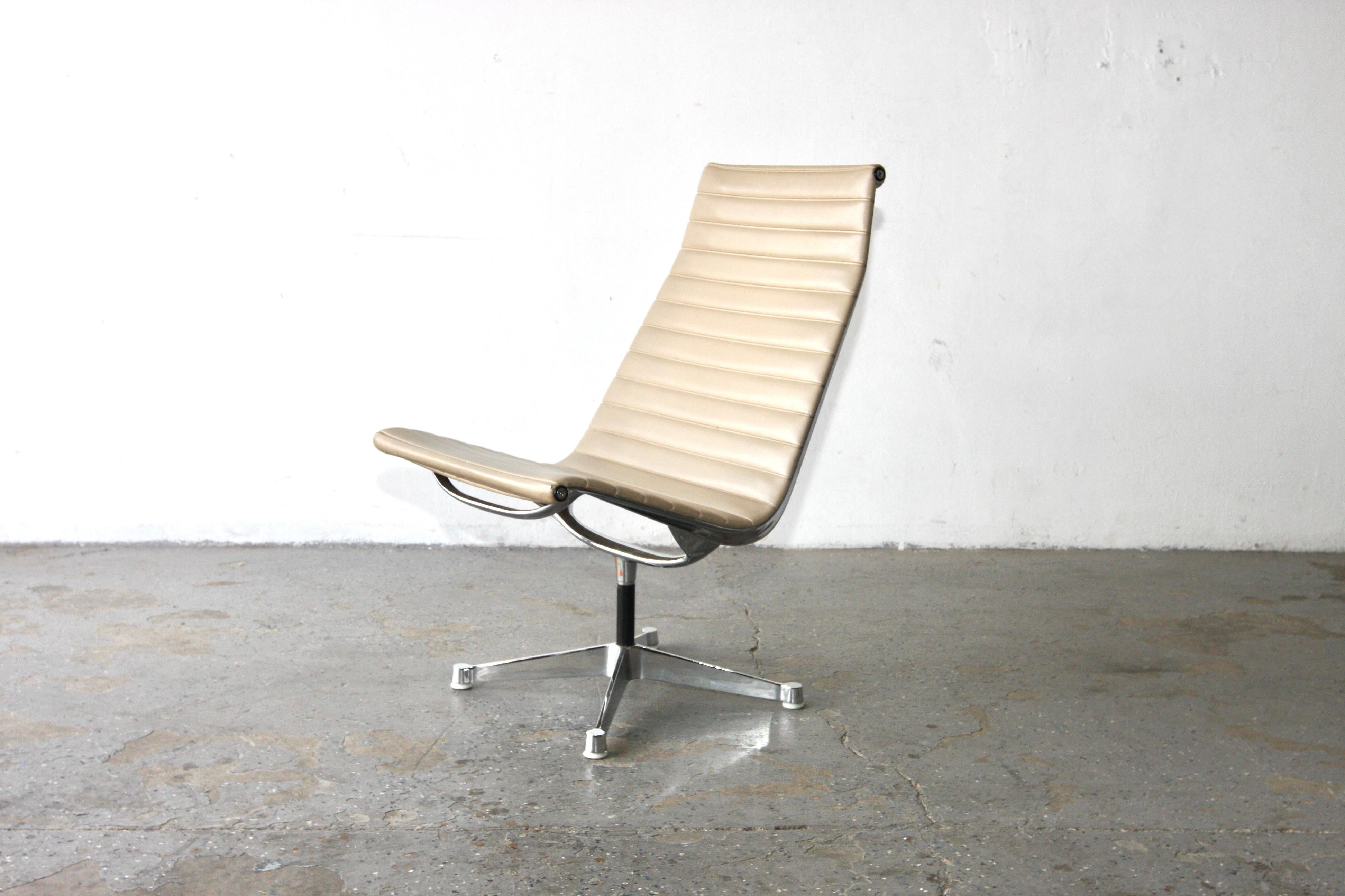 
This is an original Iconic  Eames Aluminum Group Lounge Chair designed by Charles and Ray Eames for Herman Miller in 1958. It was produced in the late 60’s or early 70’s . The pieces sport solid yet lightweight aluminum frames, and their upholstery