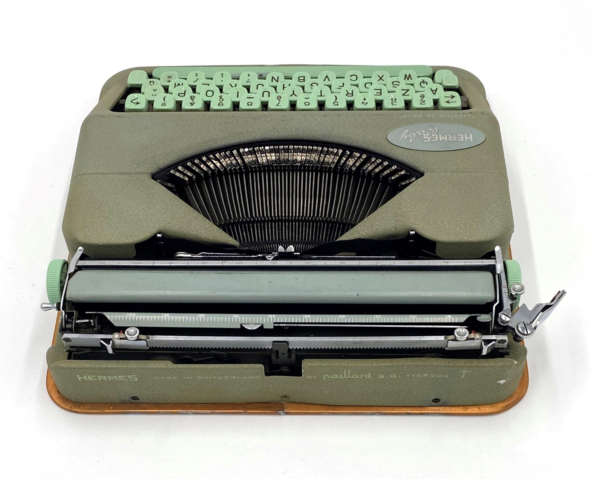 French 1960s Hermes Baby Typewriter Mint Green Color with Paperwork and Key