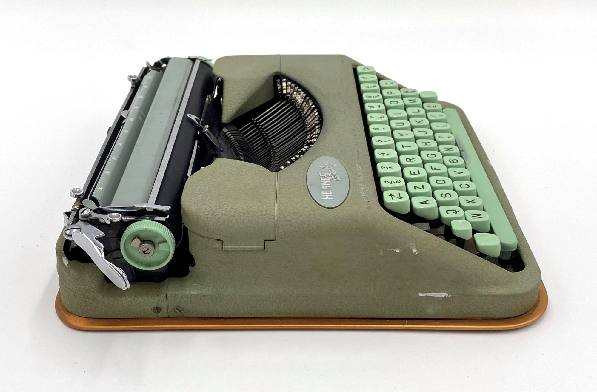 Mid-20th Century 1960s Hermes Baby Typewriter Mint Green Color with Paperwork and Key