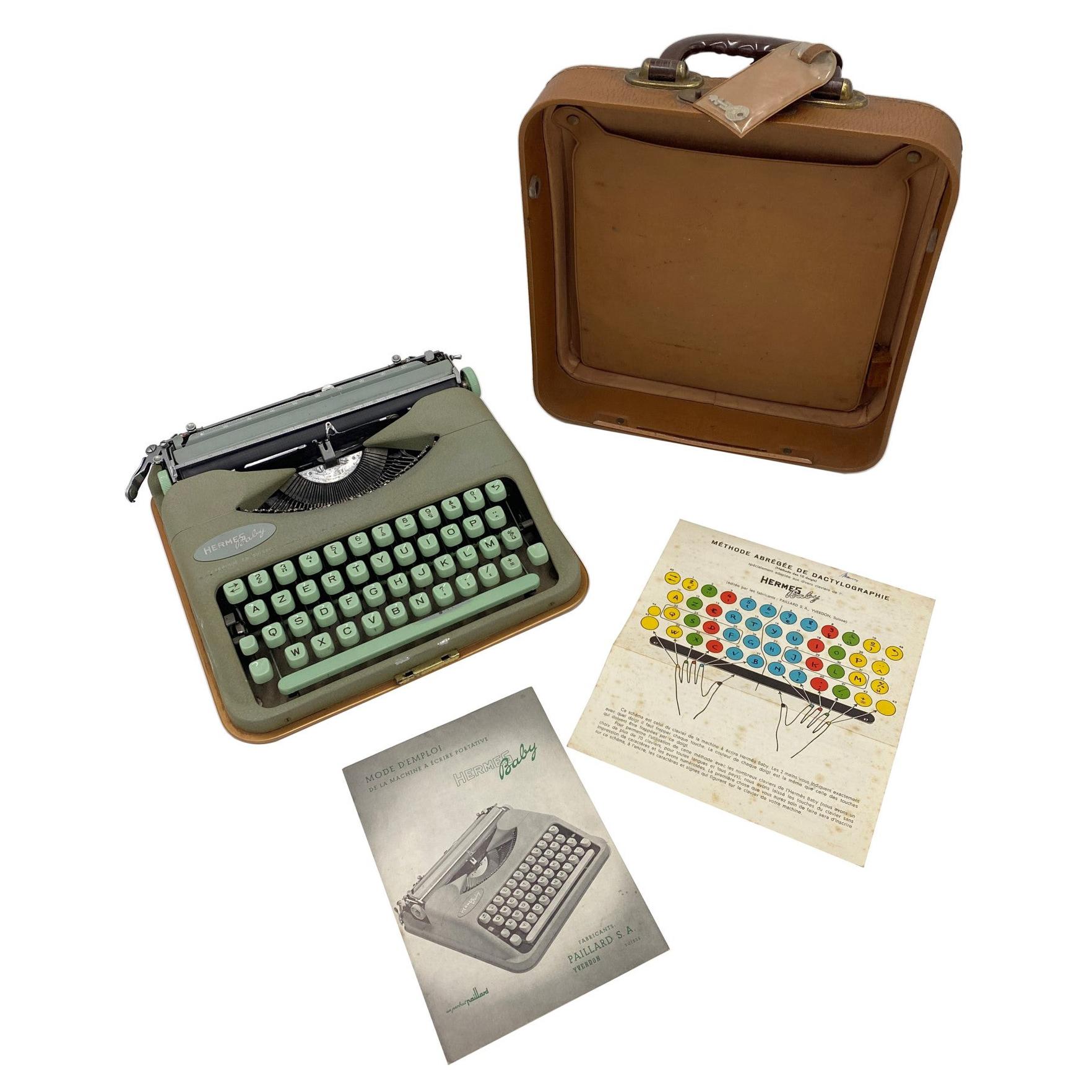 1960s Hermes Baby Typewriter Mint Green Color with Paperwork and Key