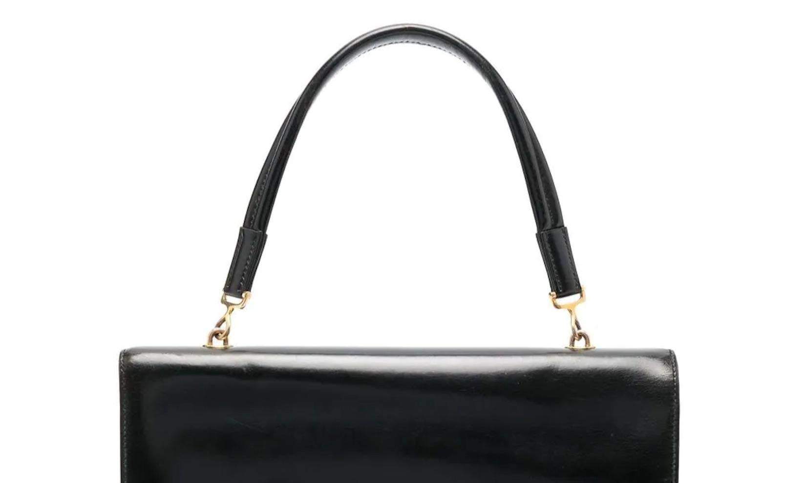 1960s Hermes Black Box Leather Palonnier Hand Bag  1
