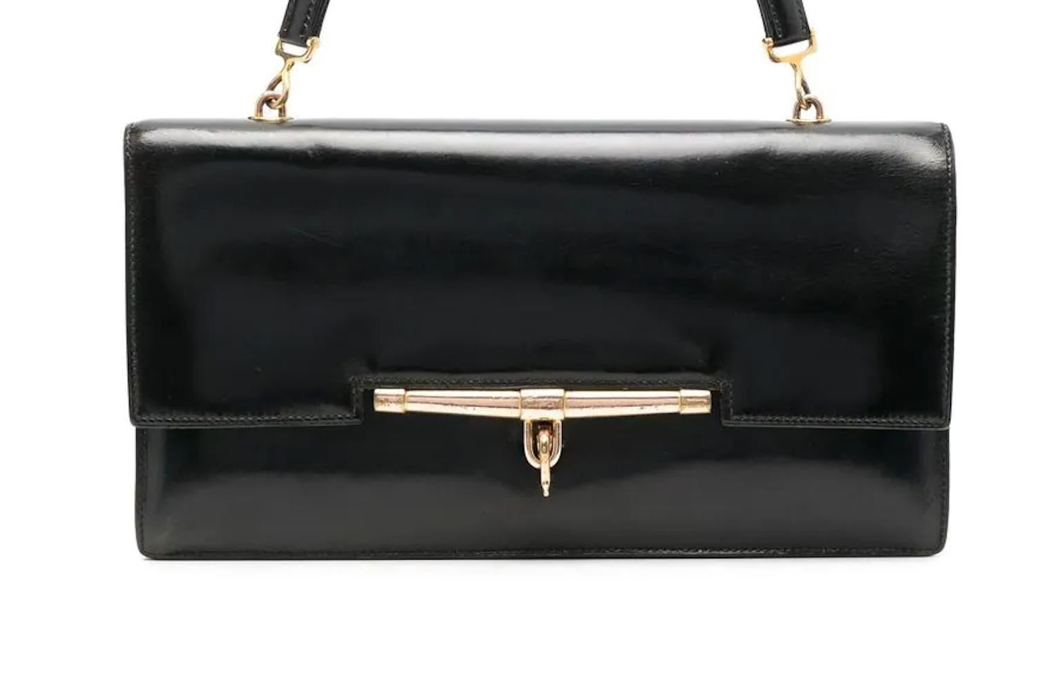 1960s Hermes Black Box Leather Palonnier Hand Bag  2