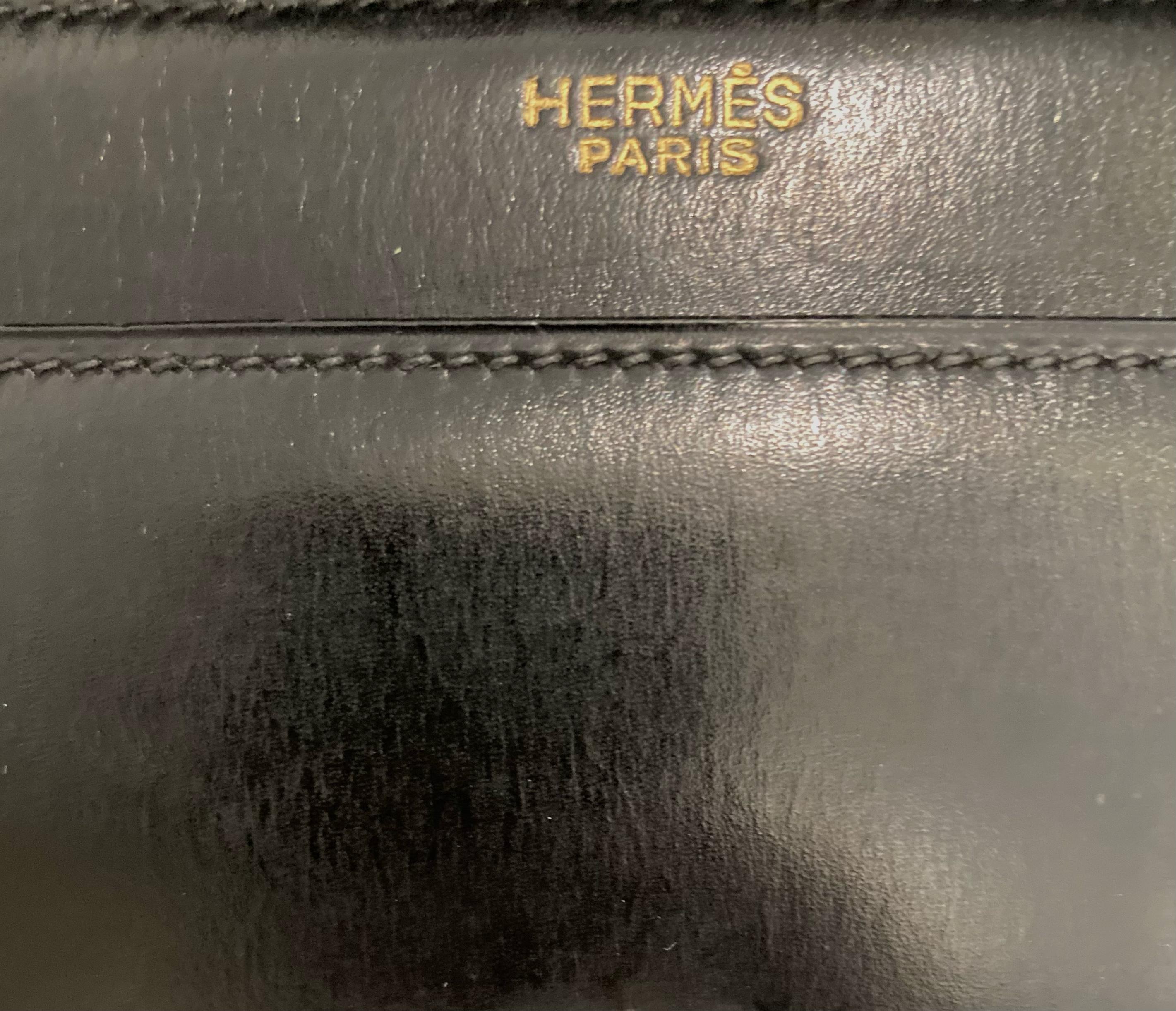1960s Hermes Black Box Leather Palonnier Hand Bag  4
