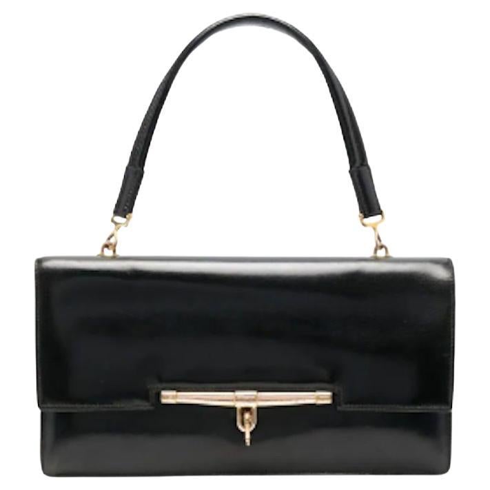 1960s Hermes Black Box Leather Palonnier Hand Bag 