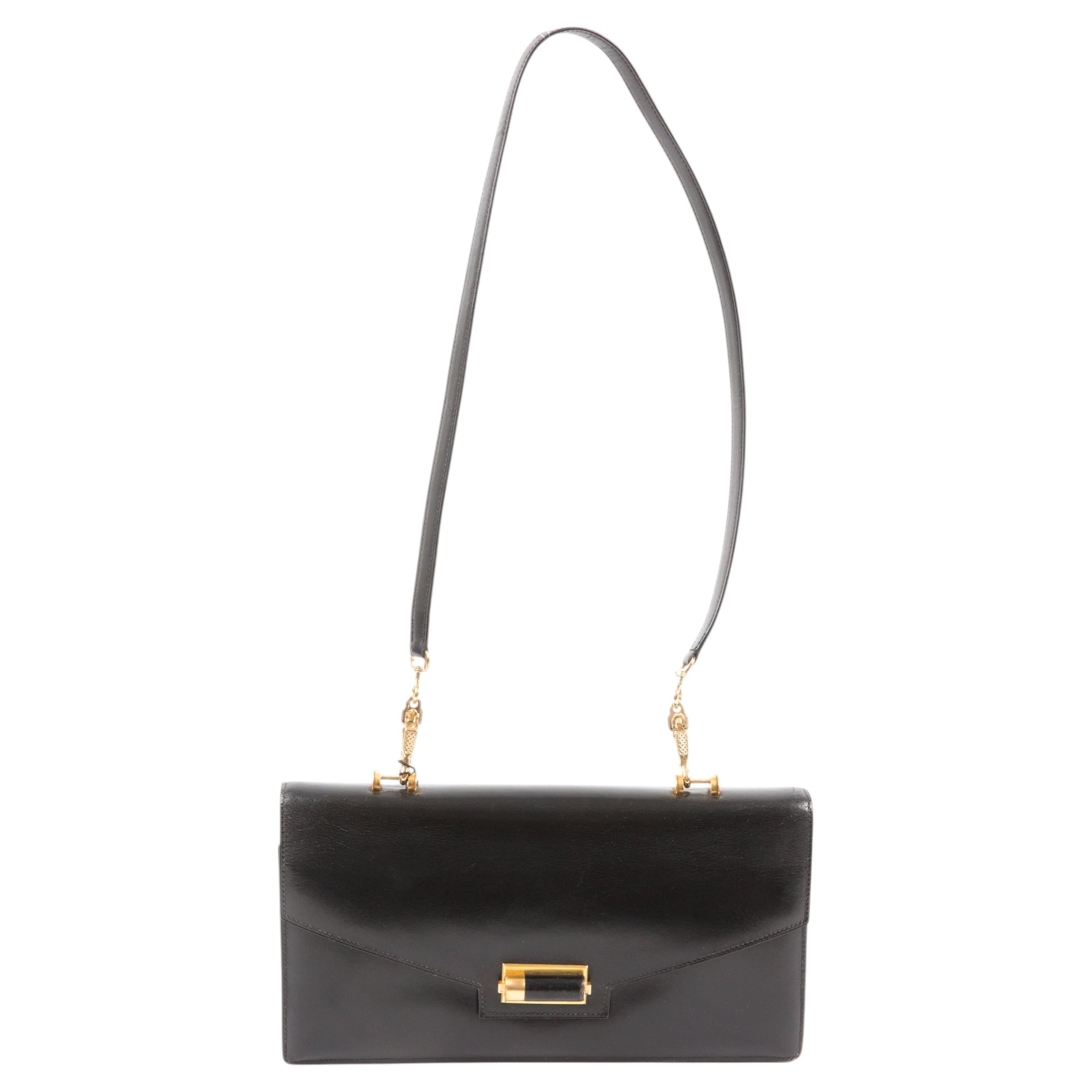 1960s Hermes Black Box Leather Shoulder Bag