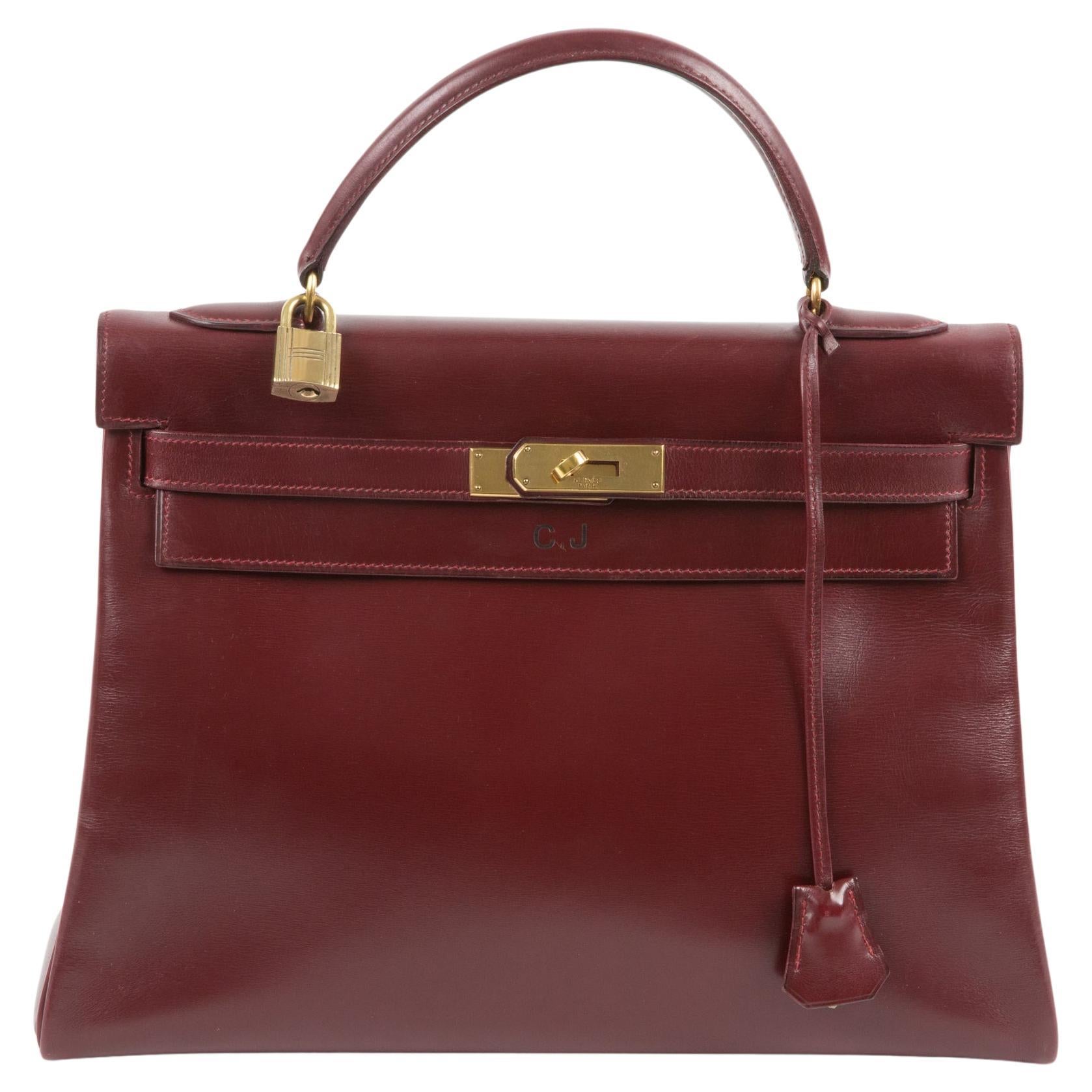 1960s Hermes Bordeaux Box Leather Kelly Retourne 32 Handbag For Sale