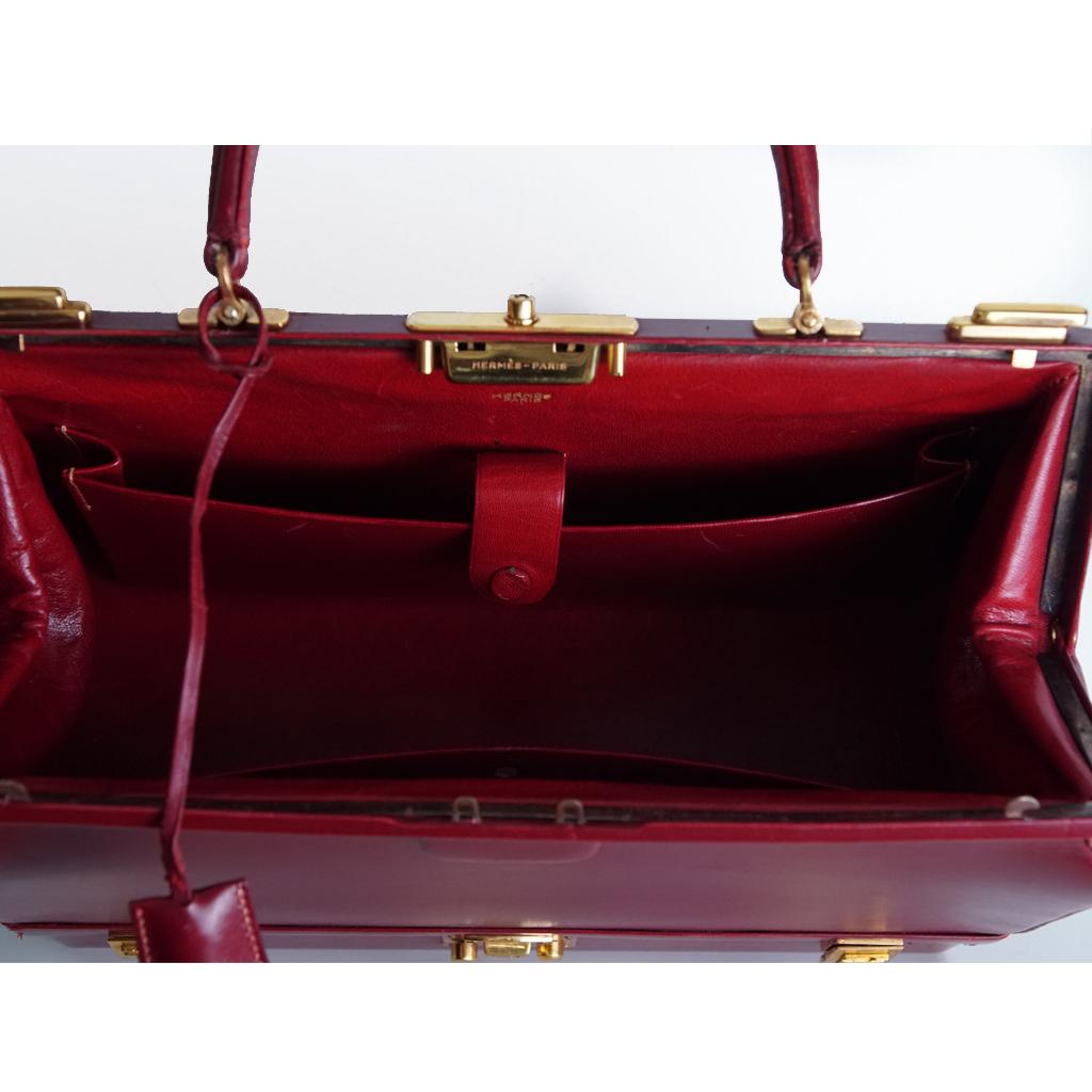 1960s Hermès Bourgundy Sac Mallette Handbag with Jewel Compartment 5