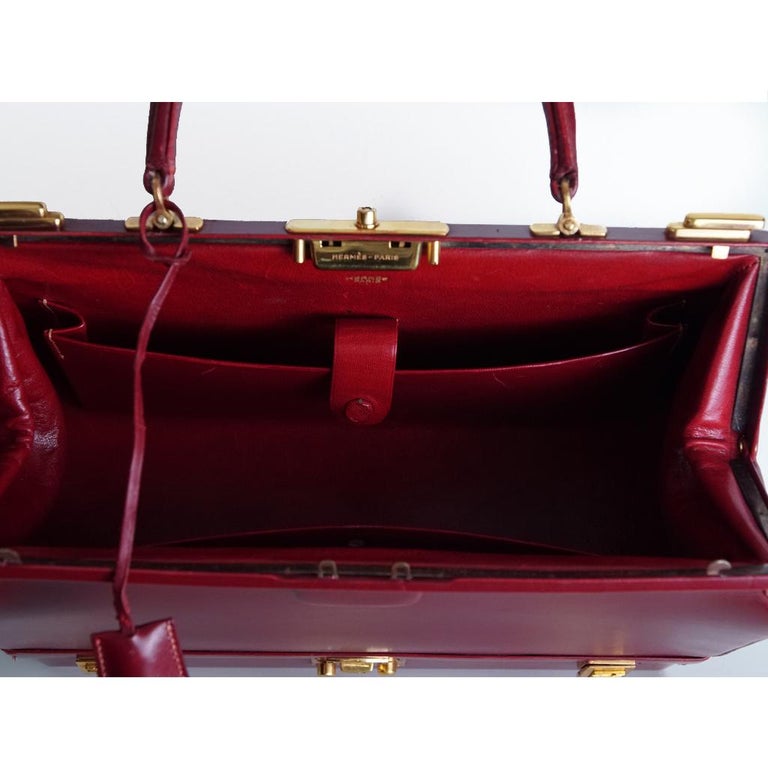 1960s Hermès Bourgundy Sac Mallette Handbag with Jewel Compartment 6