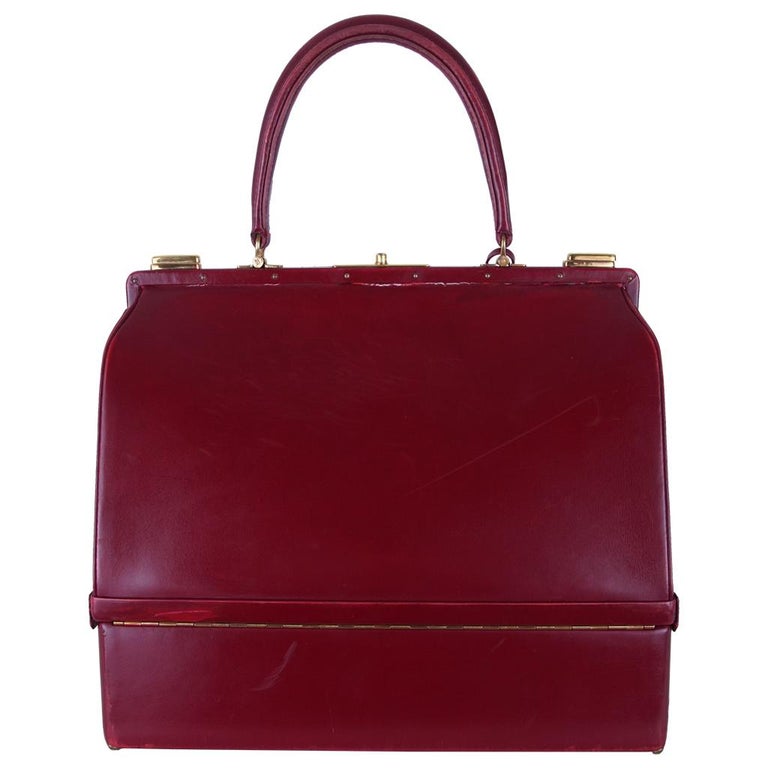 Red 1960s Hermès Bourgundy Sac Mallette Handbag with Jewel Compartment