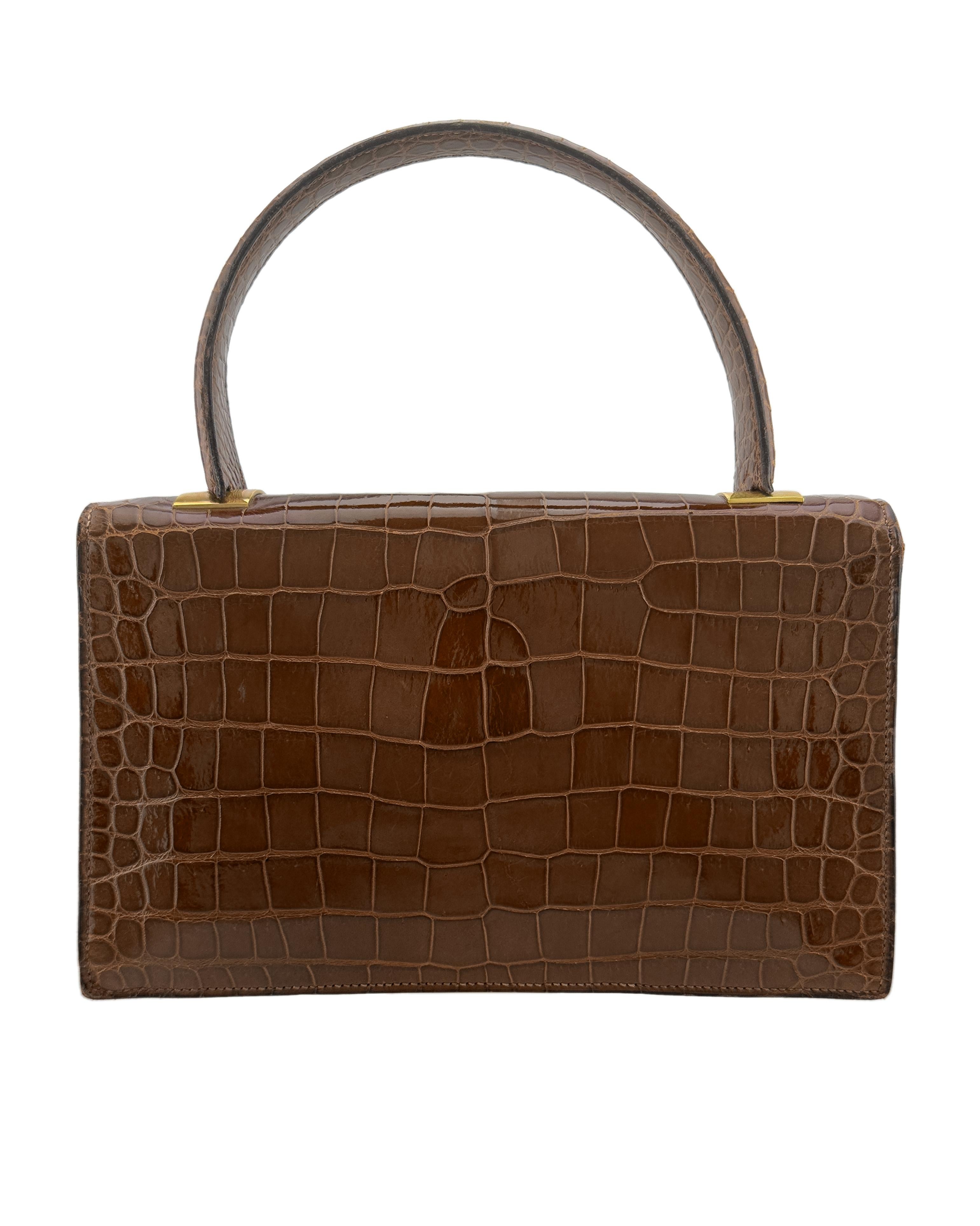 Marron 1960's Hermes Brown Crocodile Skin Top Handle Bag en vente