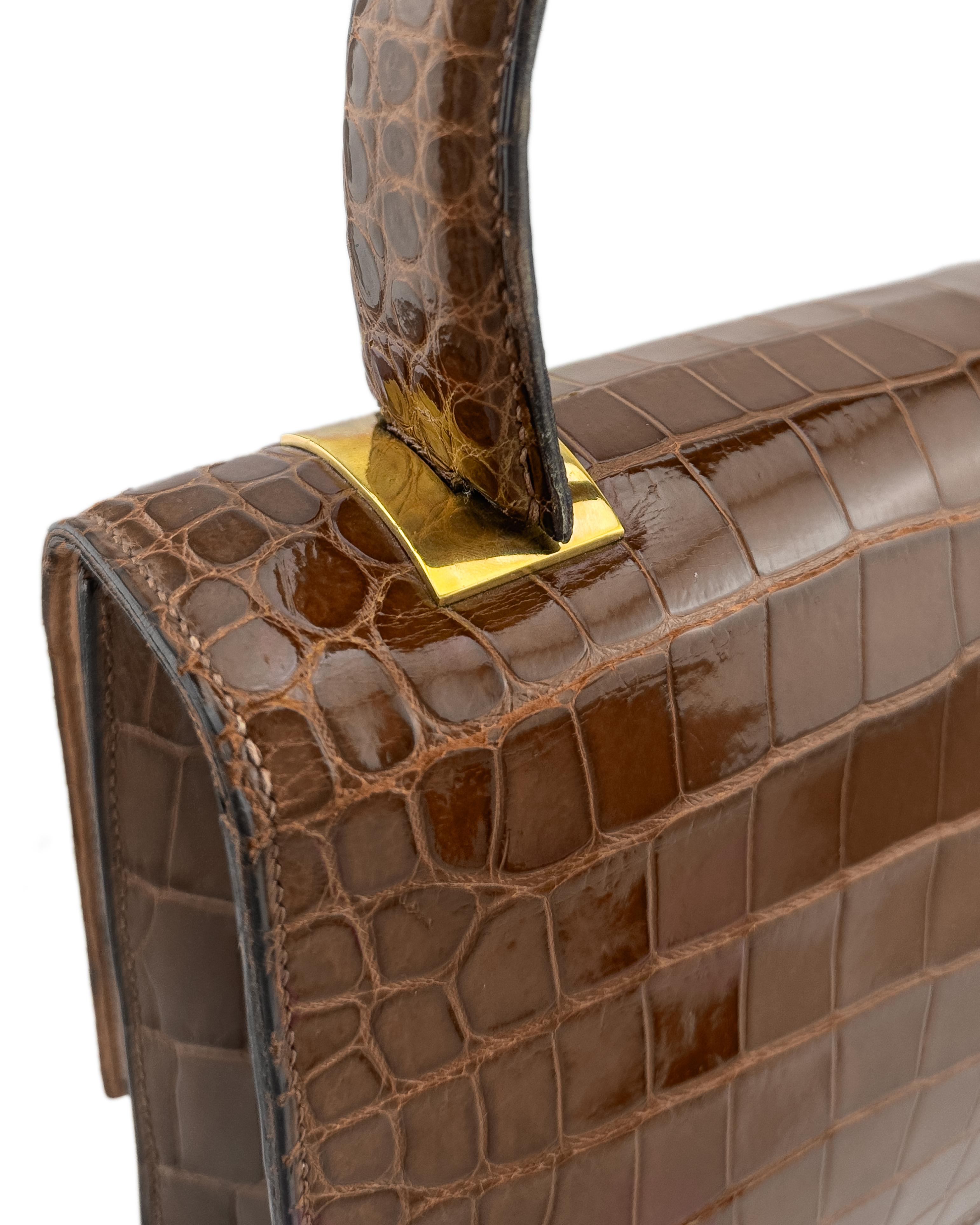1960's Hermes Brown Crocodile Skin Top Handle Bag Pour femmes en vente