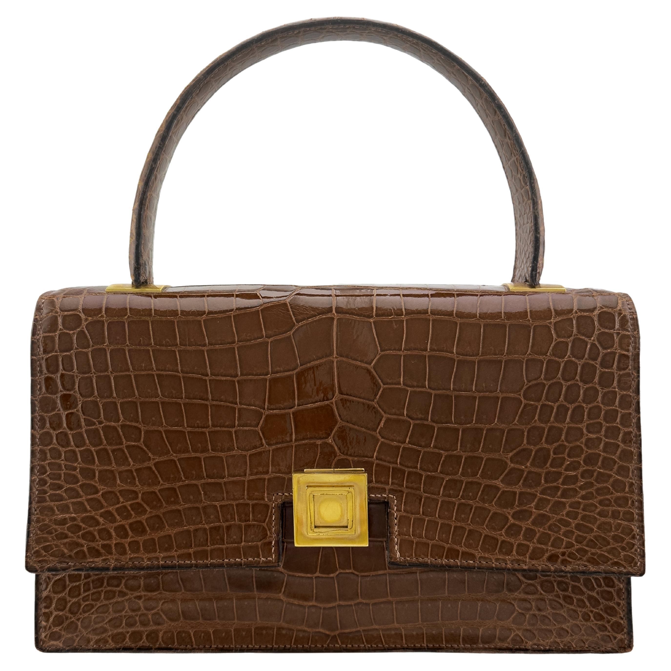 1960's Hermes Brown Crocodile Skin Top Handle Bag