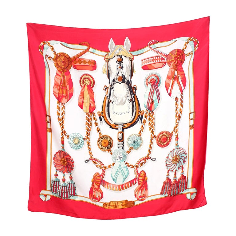Hermes Frontaux Et Cocardes Fuchsia Silk Vintage Horse Scarf 1960s at 1stDibs