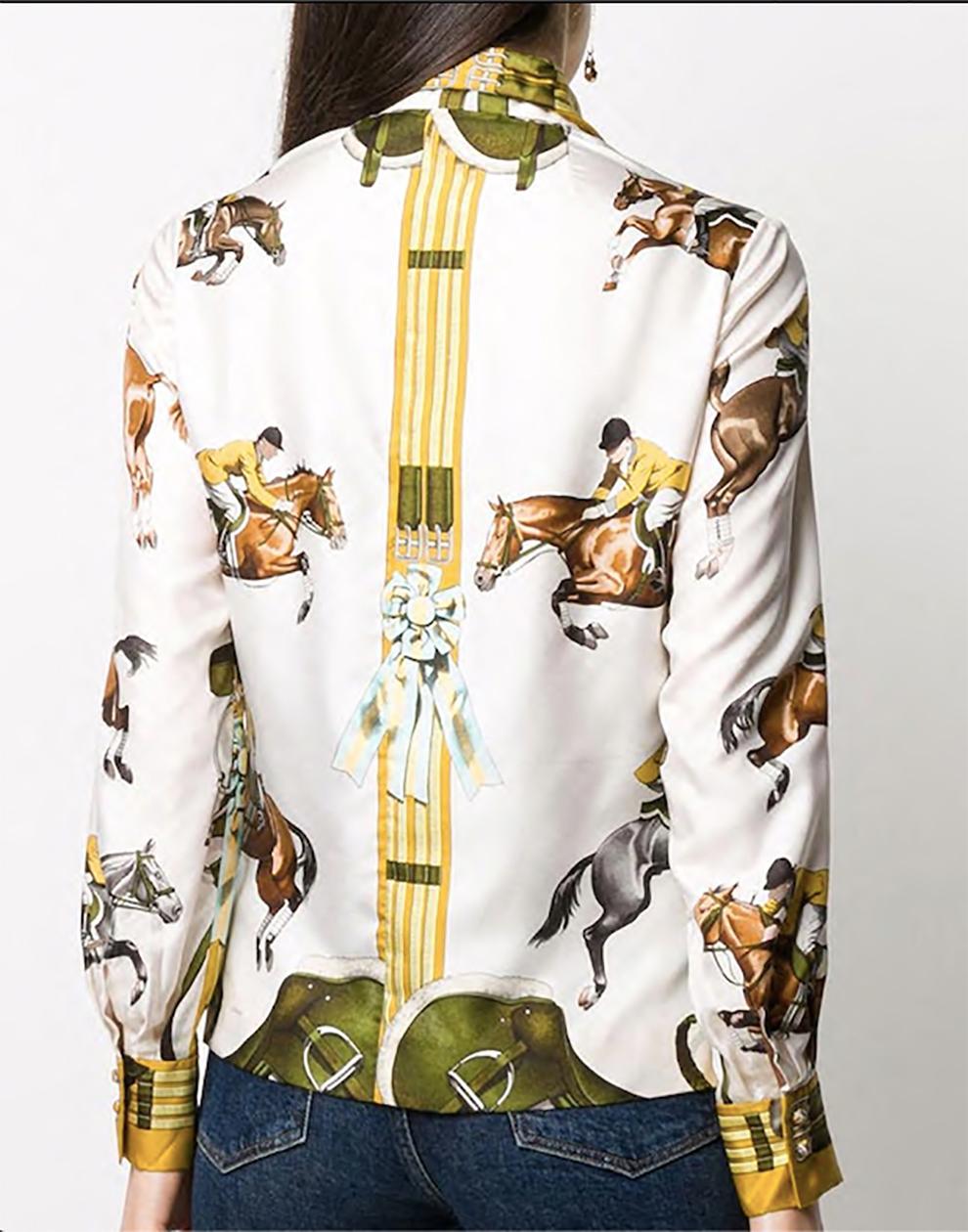 Beige 1960s Hermes Ivory Jumping by Ledoux Silk Shirt