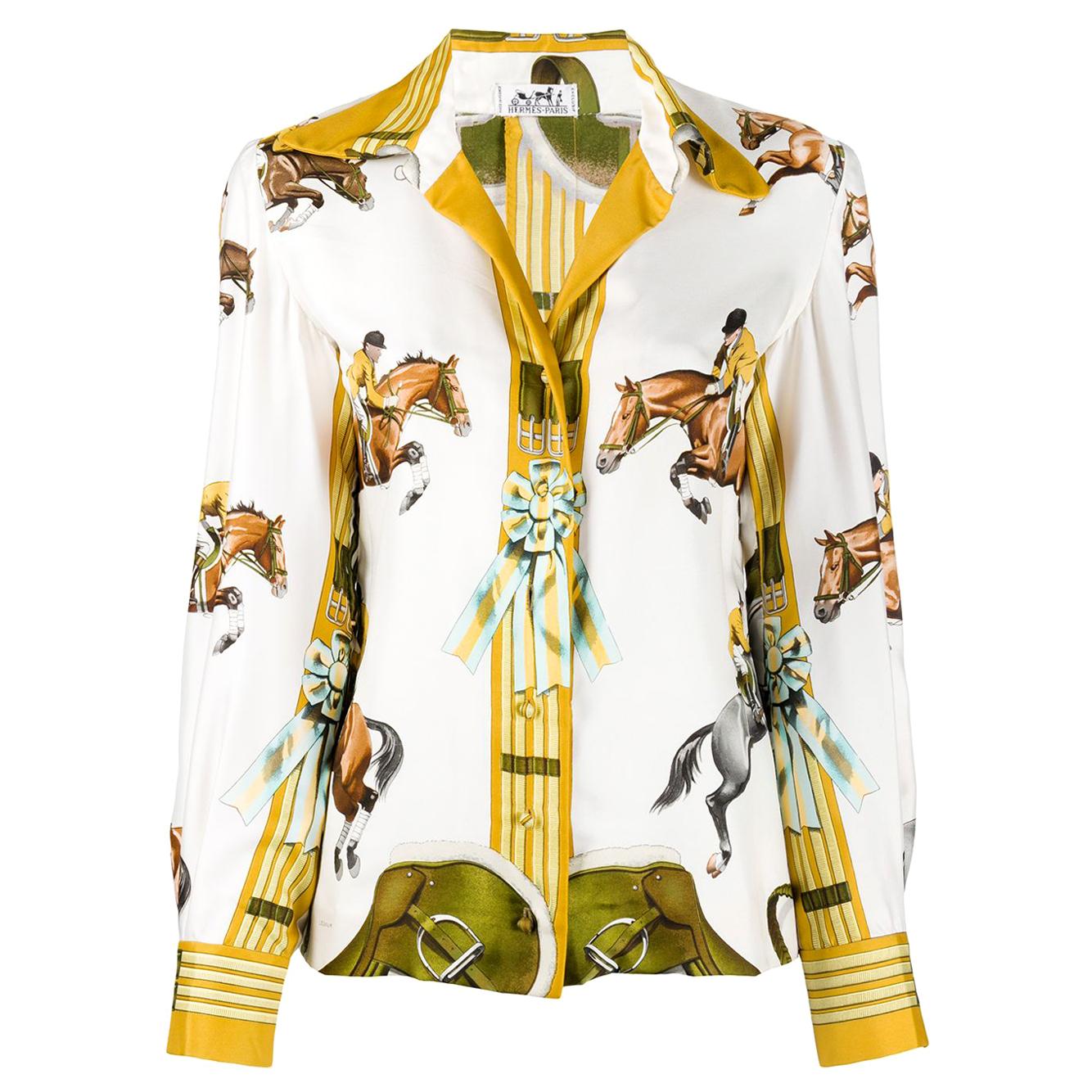 1960s Hermes Ivory Jumping by Ledoux Silk Shirt
