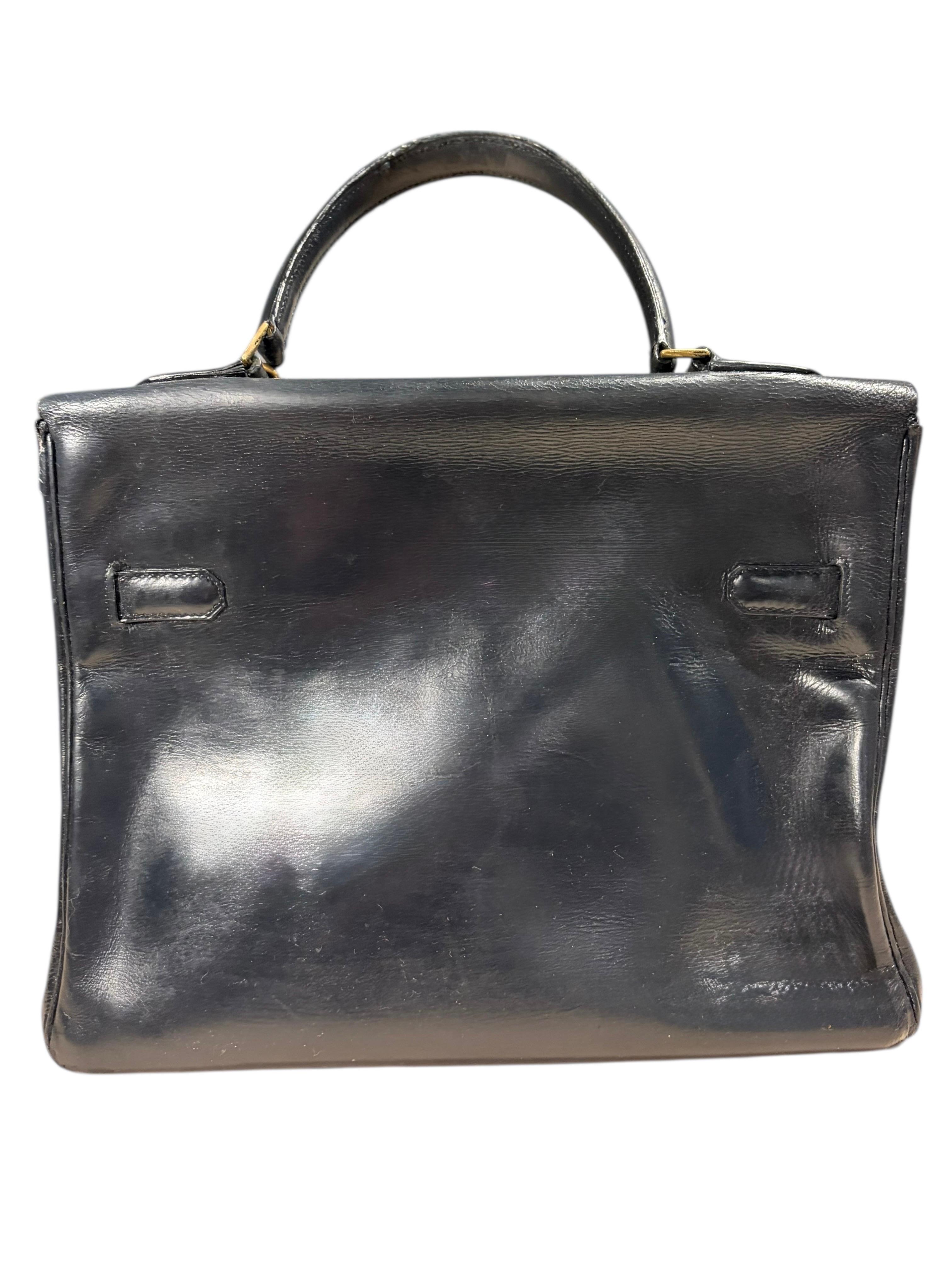 Women's or Men's 1960s Hermès Kelly 28 in Black Box Leather with Gold Hardware For Sale