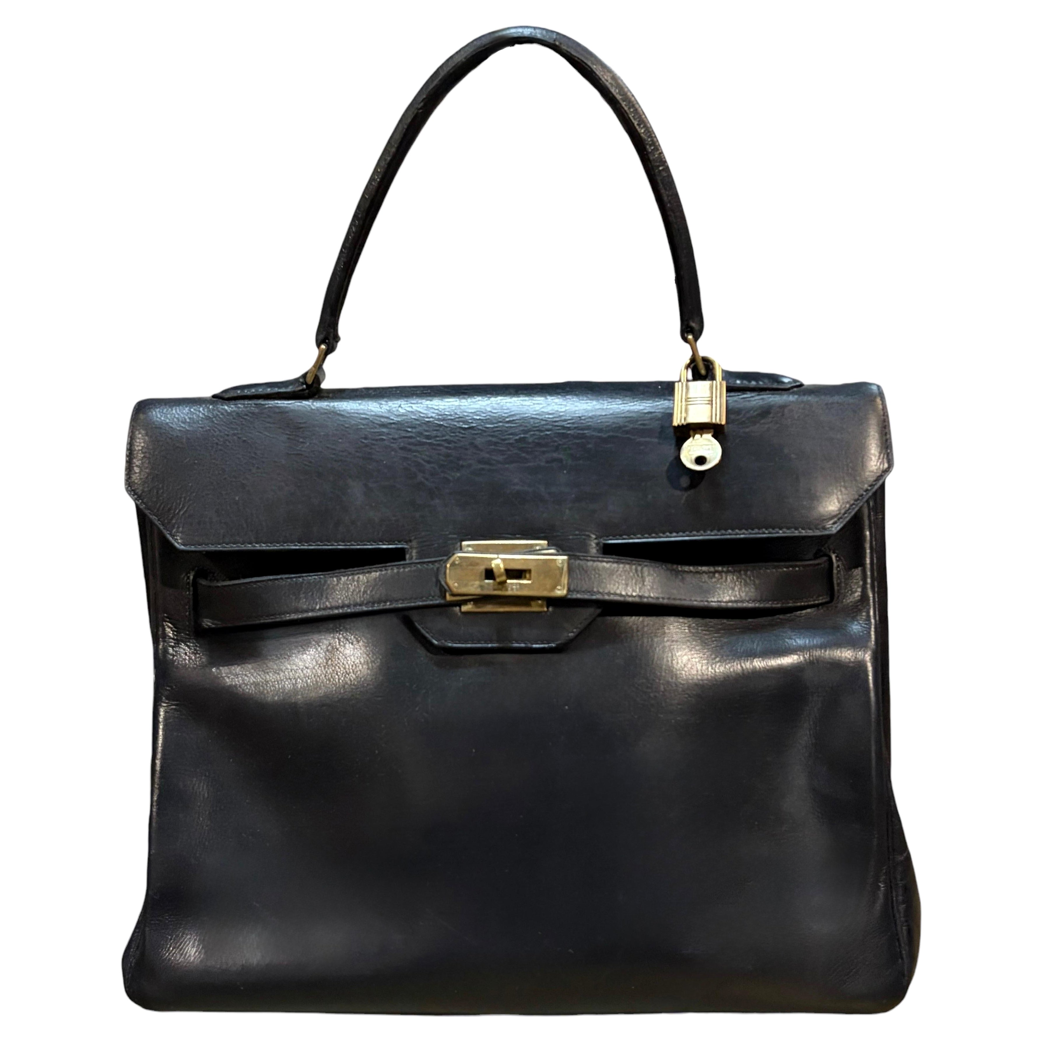 1960s Hermès Kelly 28 in Black Box Leather with Gold Hardware For Sale