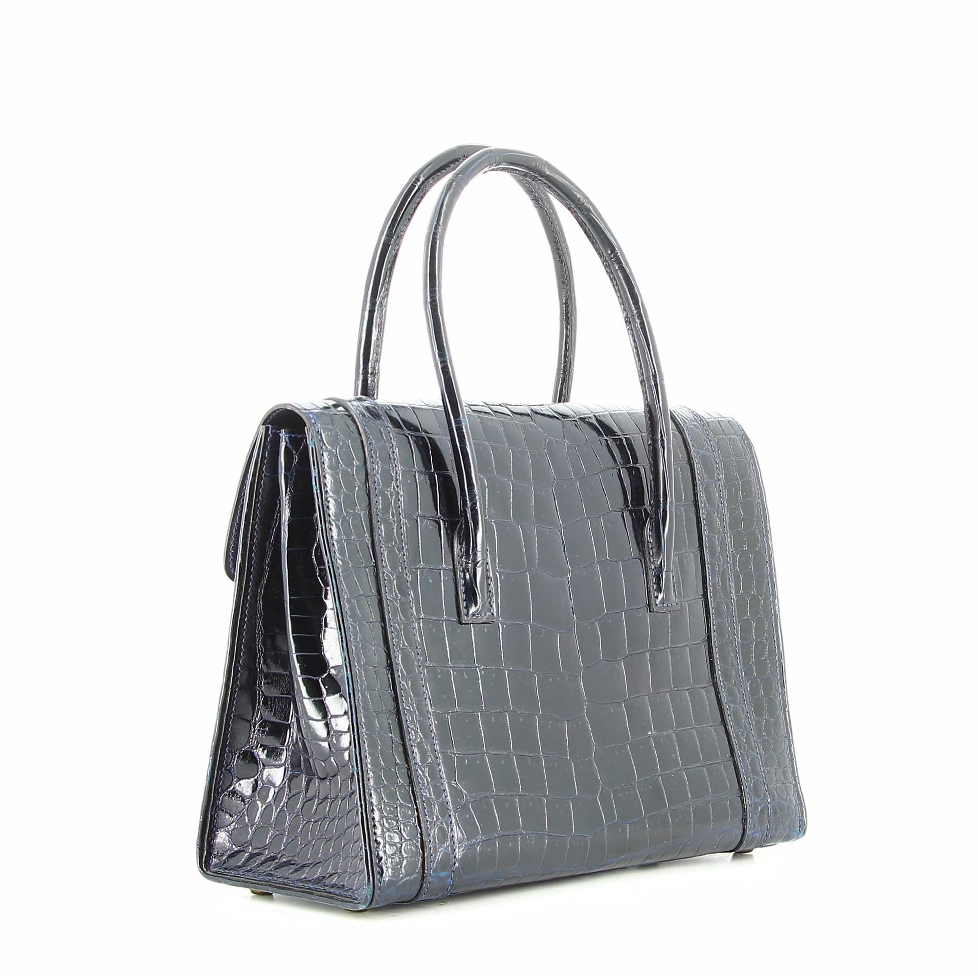 1960er Hermès Marineblau Kroko Handtasche im Zustand „Gut“ in PARIS, FR