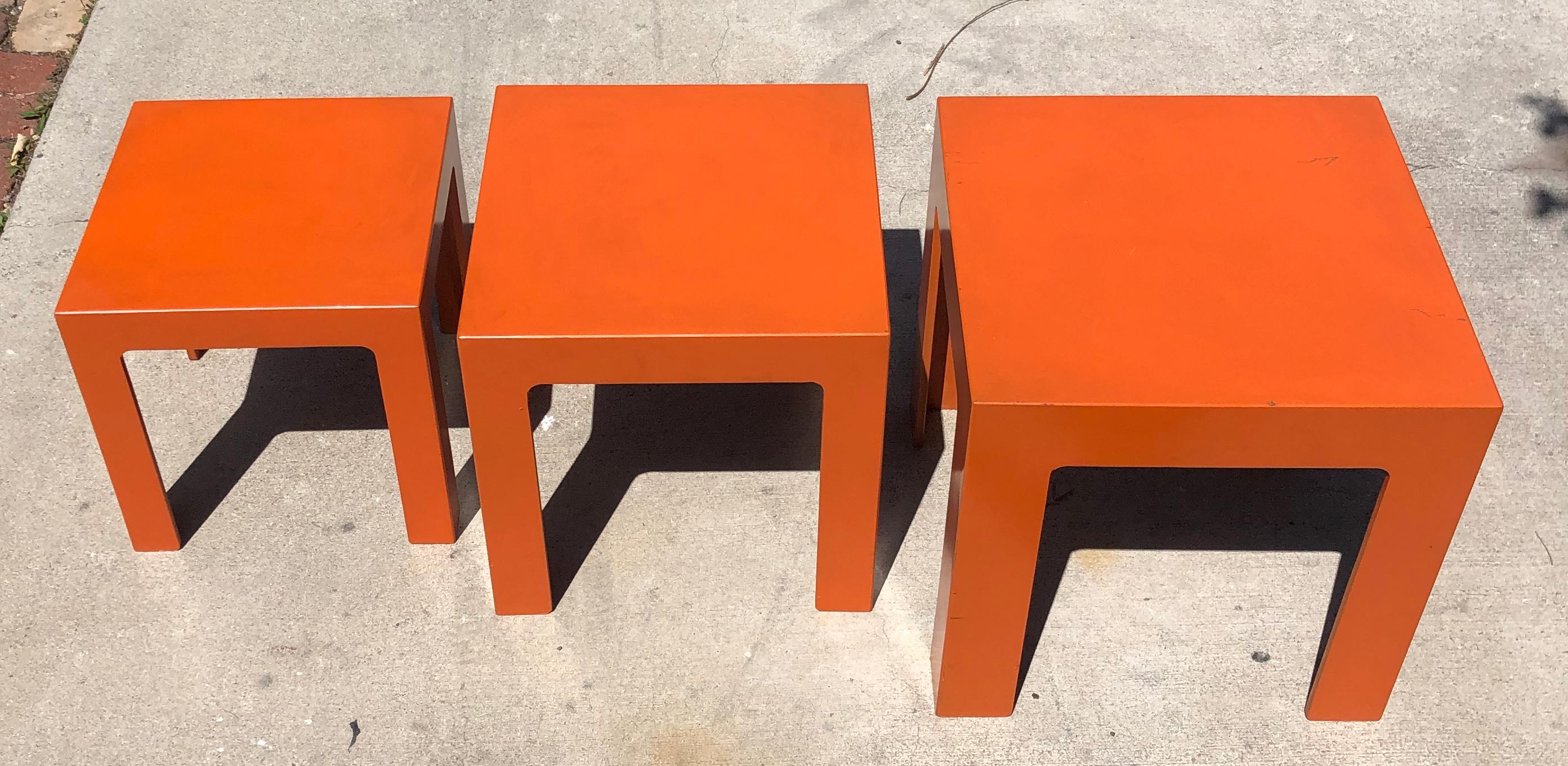 Mid-Century Modern 1960's Hermes Orange Laminate Parsons Stacking Cube Tables For Sale