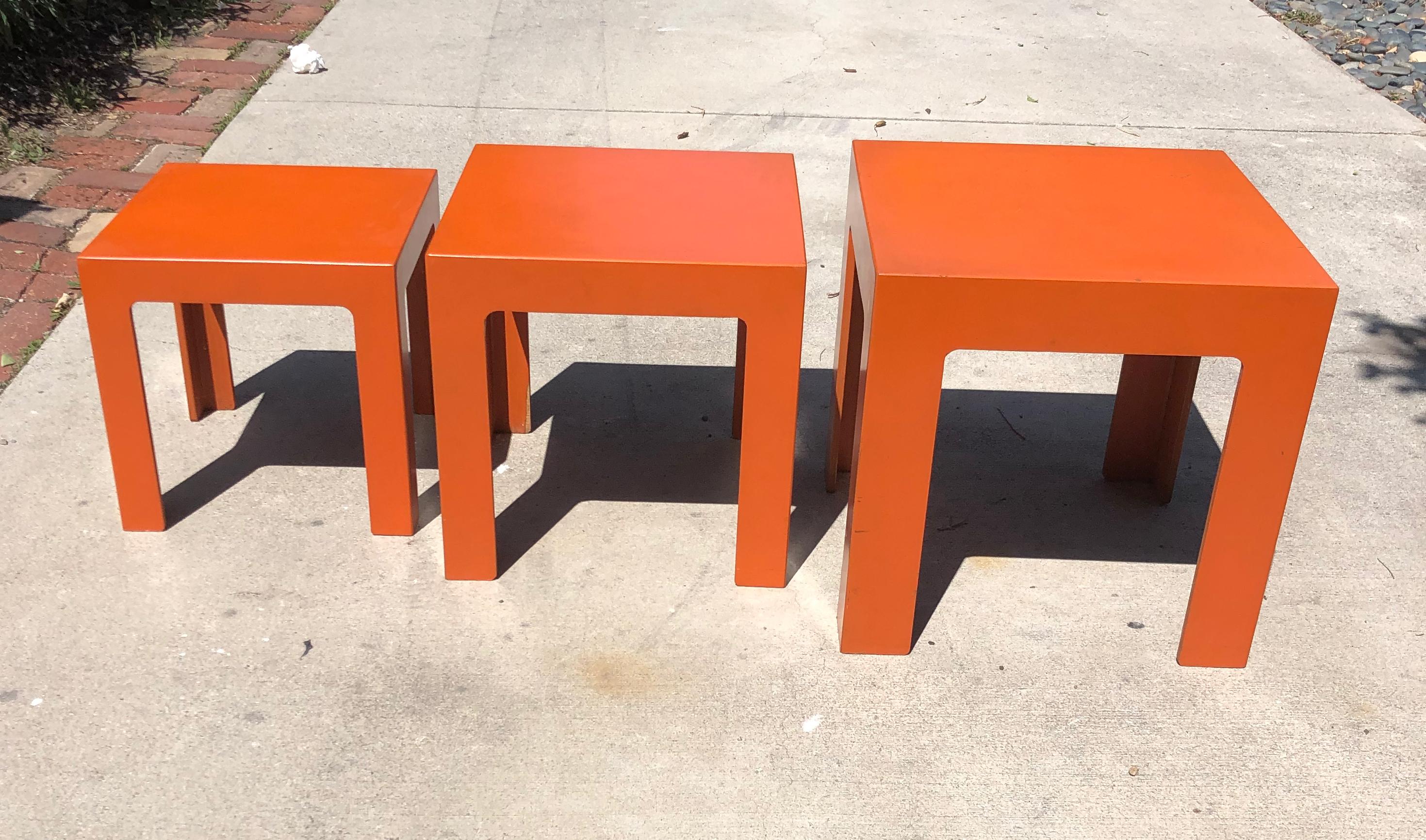 1960's Hermes Orange Laminate Parsons Stacking Cube Tables In Fair Condition For Sale In Culver City, CA