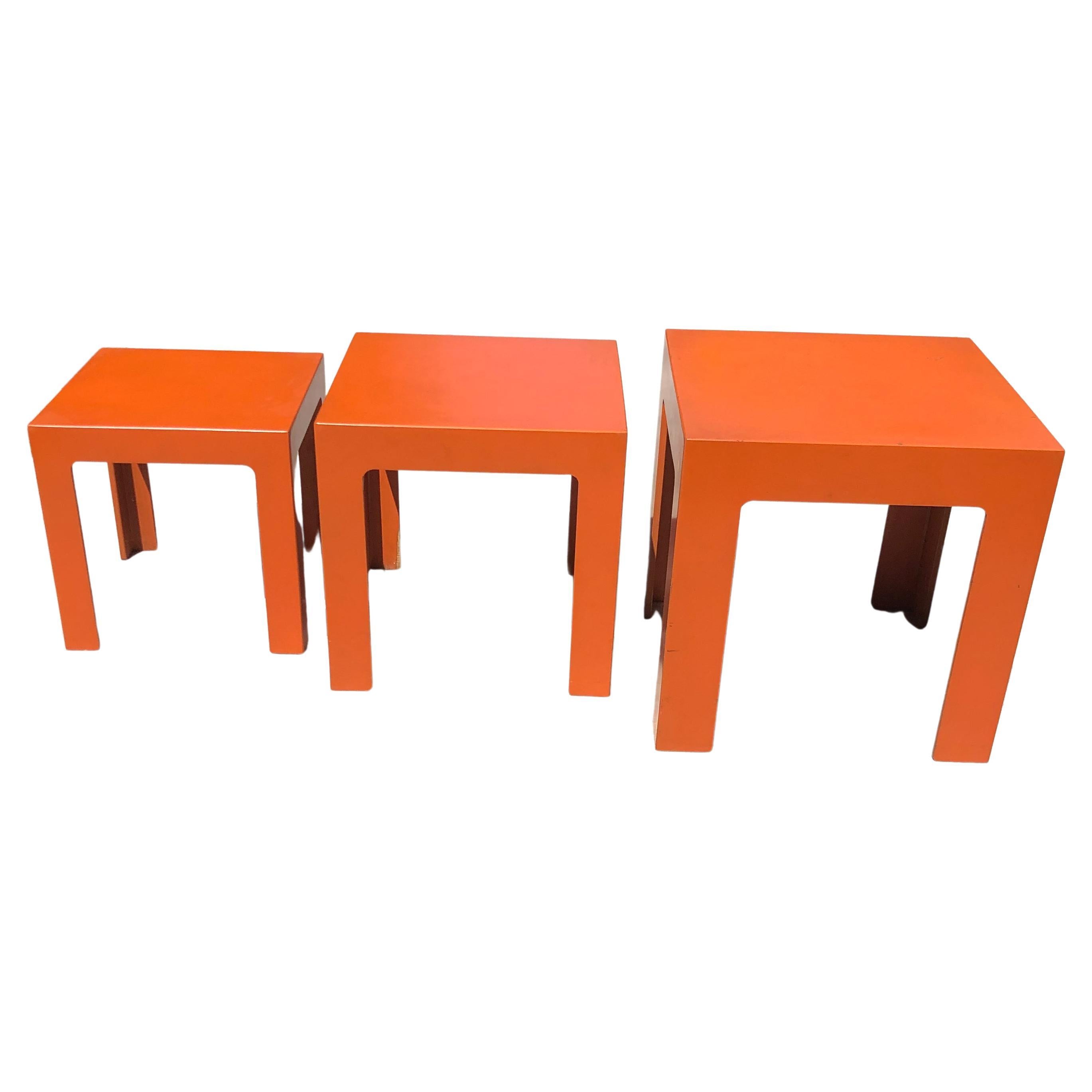 1960's Hermes Orange Laminate Parsons Stacking Cube Tables For Sale