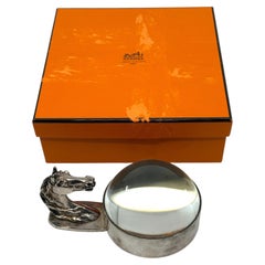1960’s Hermes Paris Silver Plated Horse Equestrian Magnifying Paperweight W/Box