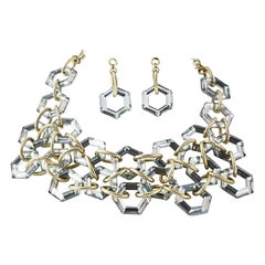 1960s Hexagon Bib Necklace and Dangle Drop Earrings