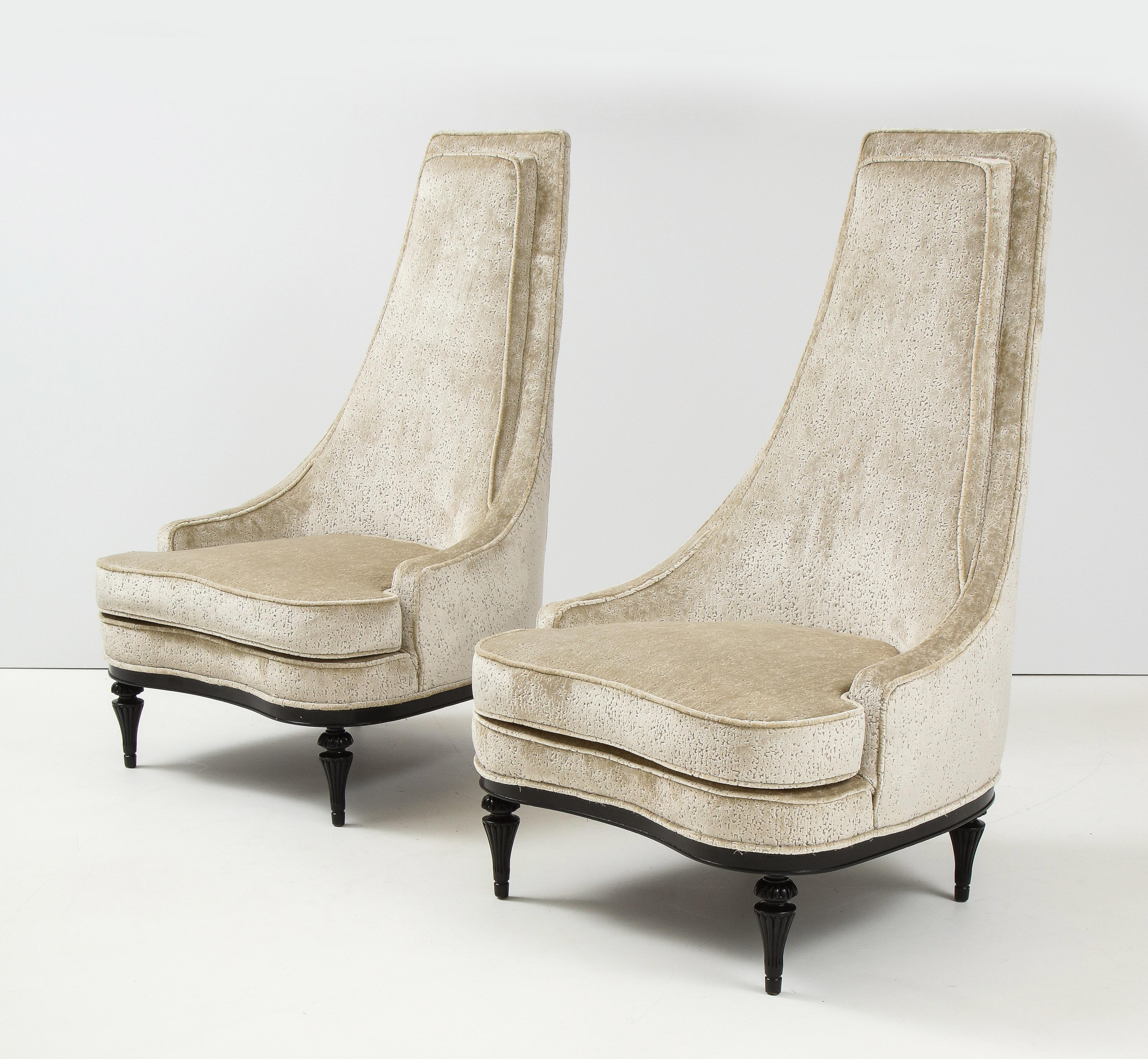 1960s high back slipper chairs by Interior Crafts, fully restored and re-upholstered in velvet.