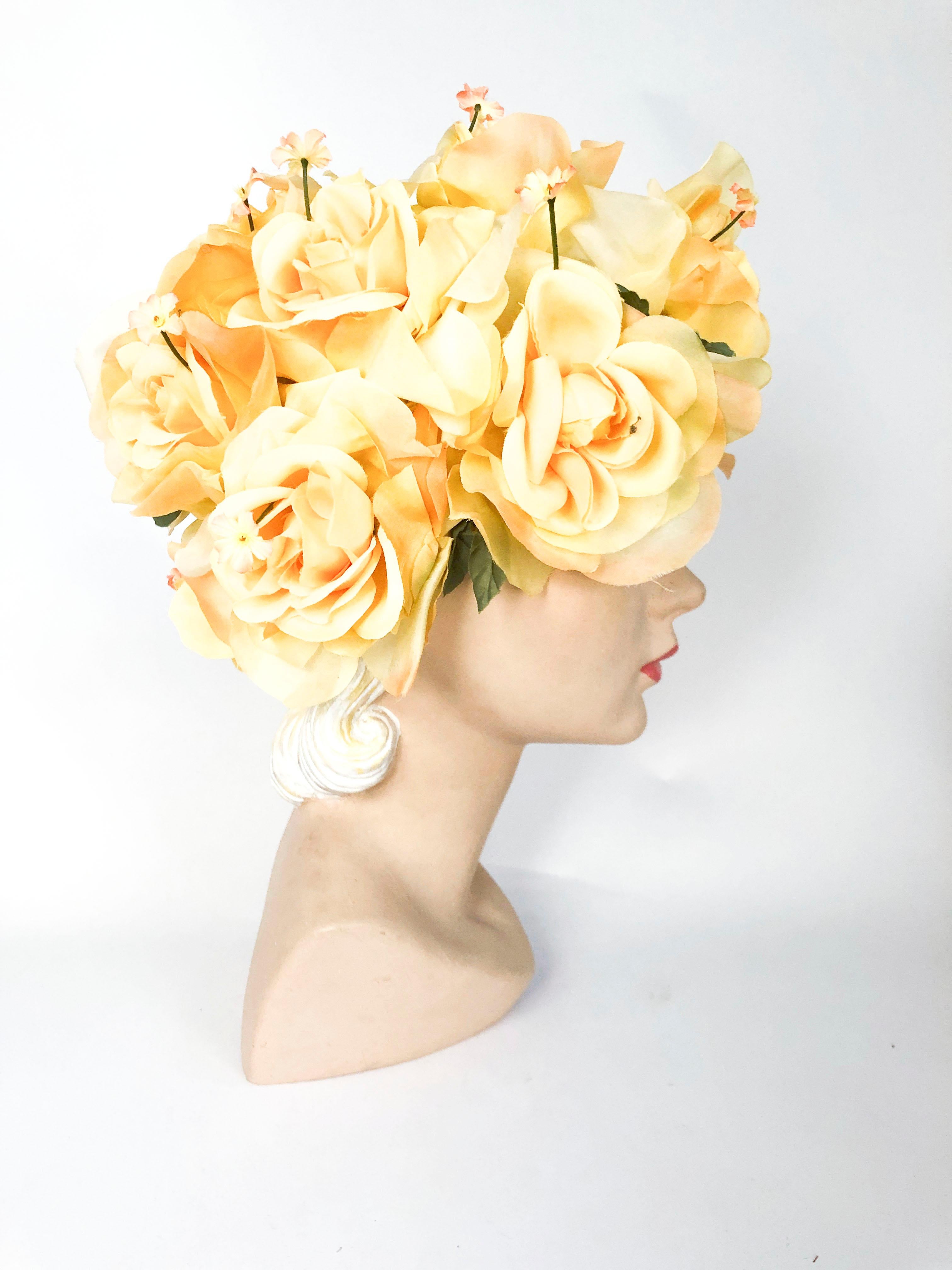 White 1960s High-Fashion Yellow Floral Hat 