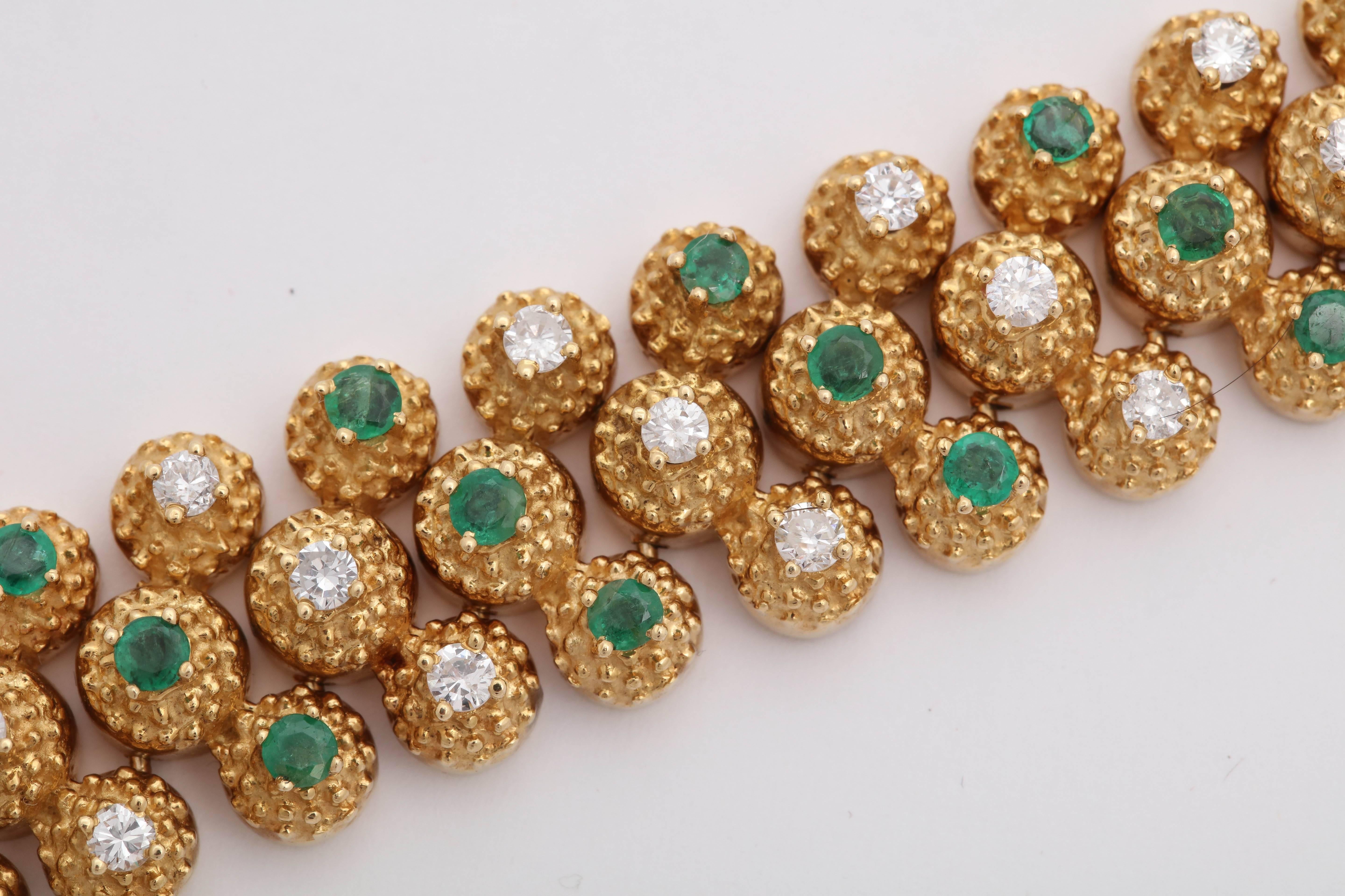 1960s Highly Flexible, Articulated Emerald and Diamond Triple-Row Gold Bracelet 1