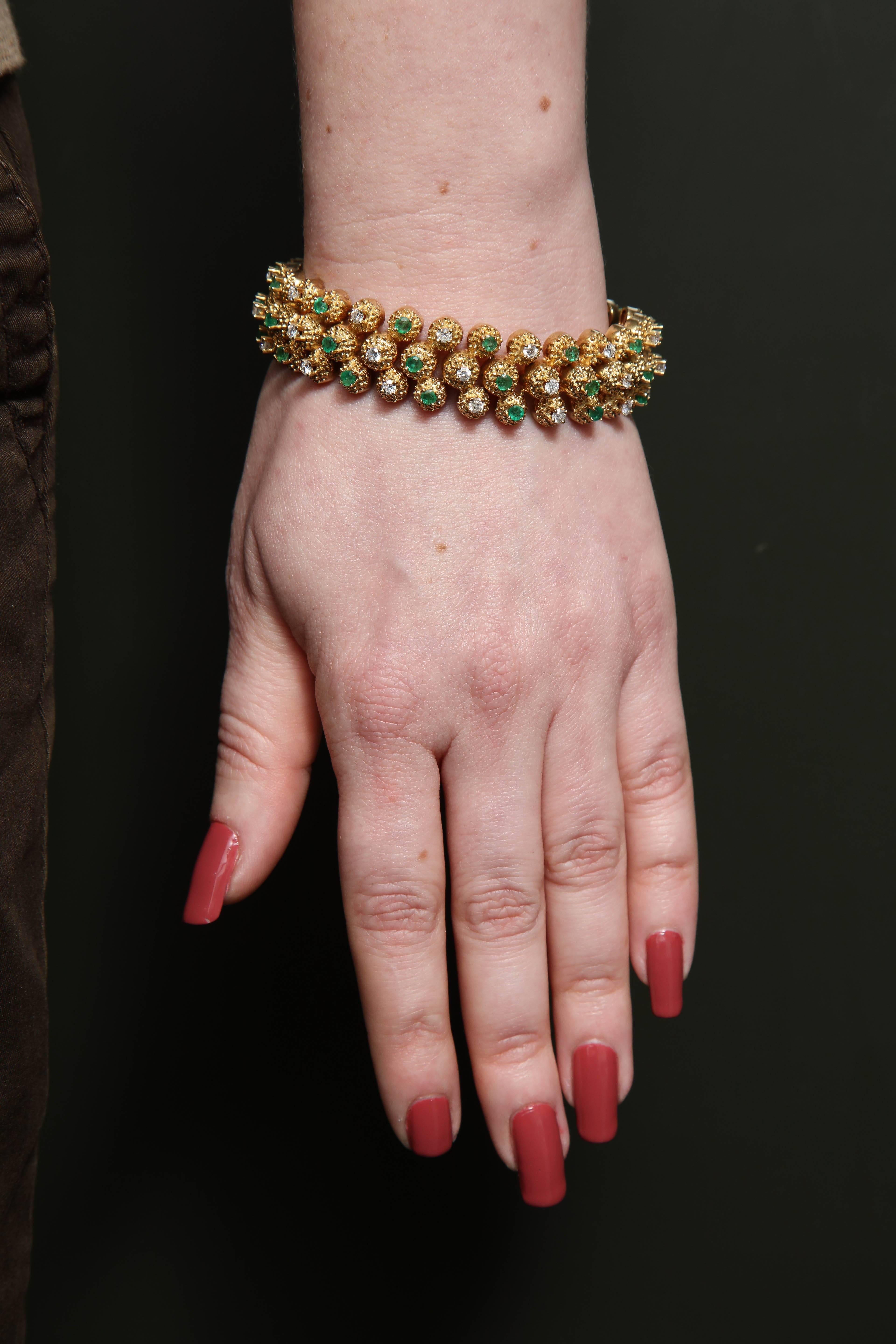 1960s Highly Flexible, Articulated Emerald and Diamond Triple-Row Gold Bracelet 4