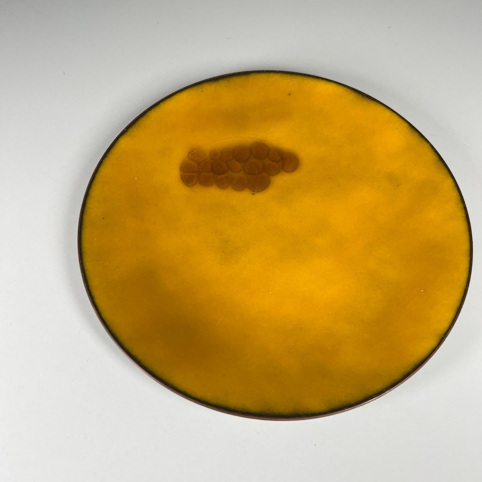 Mid-20th Century 1960s Hildegard Abstract Modernist Art Yellow Enamel Plate with Grapes Signed