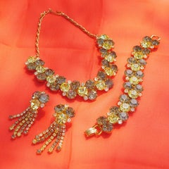 1960s Hobé Green Rhinestone Parure with Necklace, Bracelet & Earrings, Signed