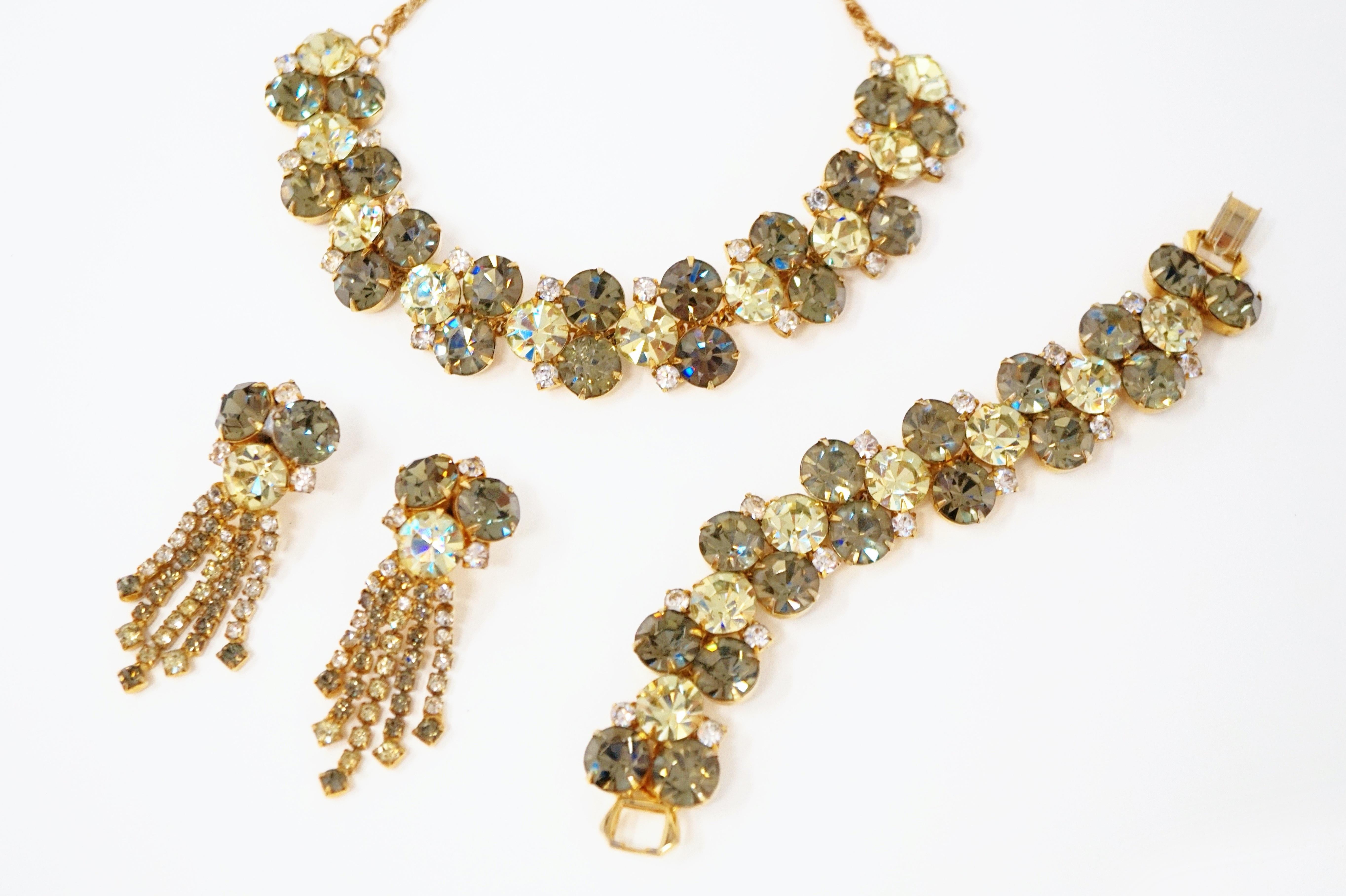 Modern 1960s Hobé Green Rhinestone Parure with Necklace, Bracelet & Earrings, Signed For Sale