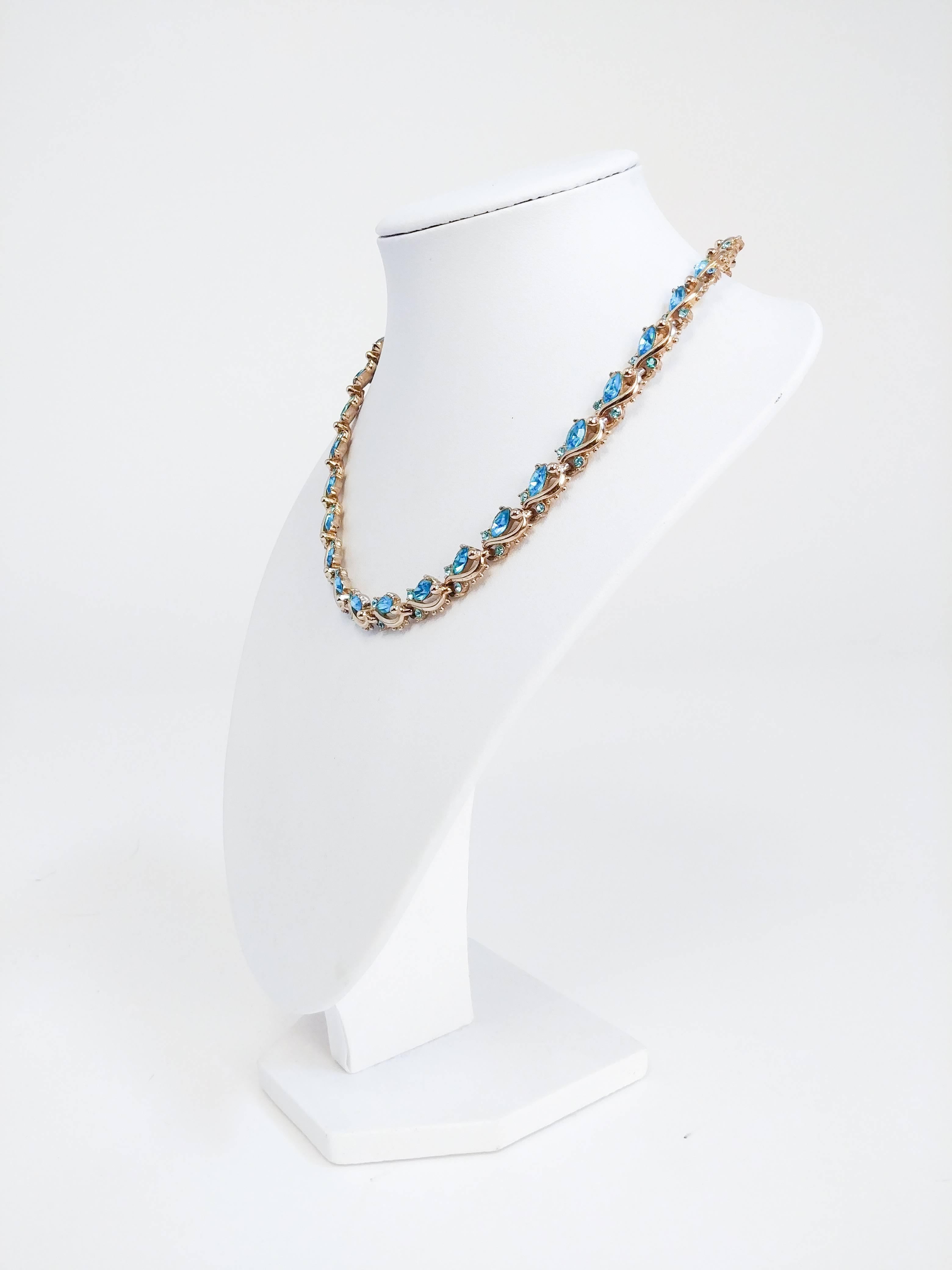 1960s Holly Craft Blue Stone & Gold-toned Necklace. Gold-toned necklace with two-toned blue stones. Adjustable length