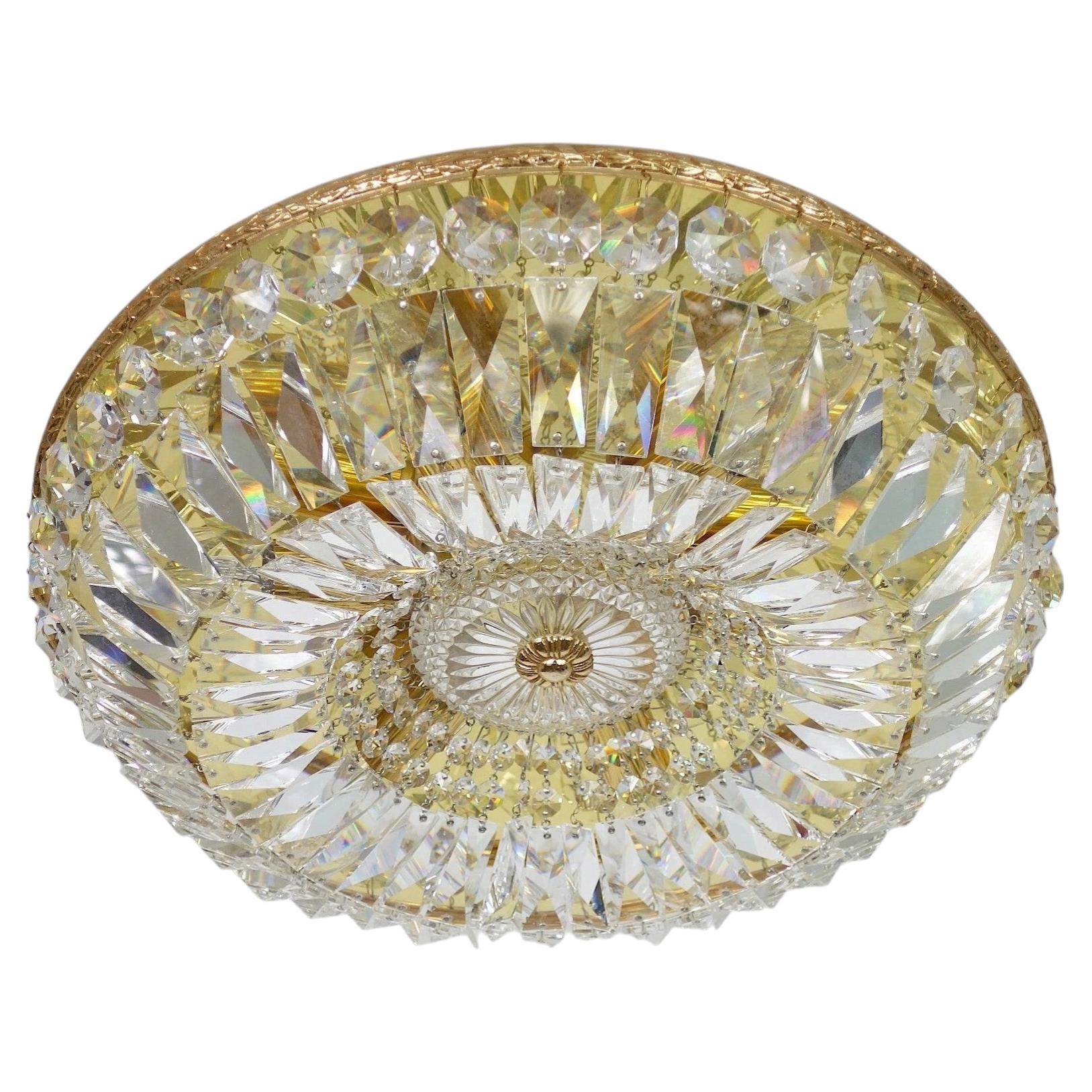 1960's Hollywood Regency 24K Lead Crystal Flush Mount Fixture by Palme & Walter